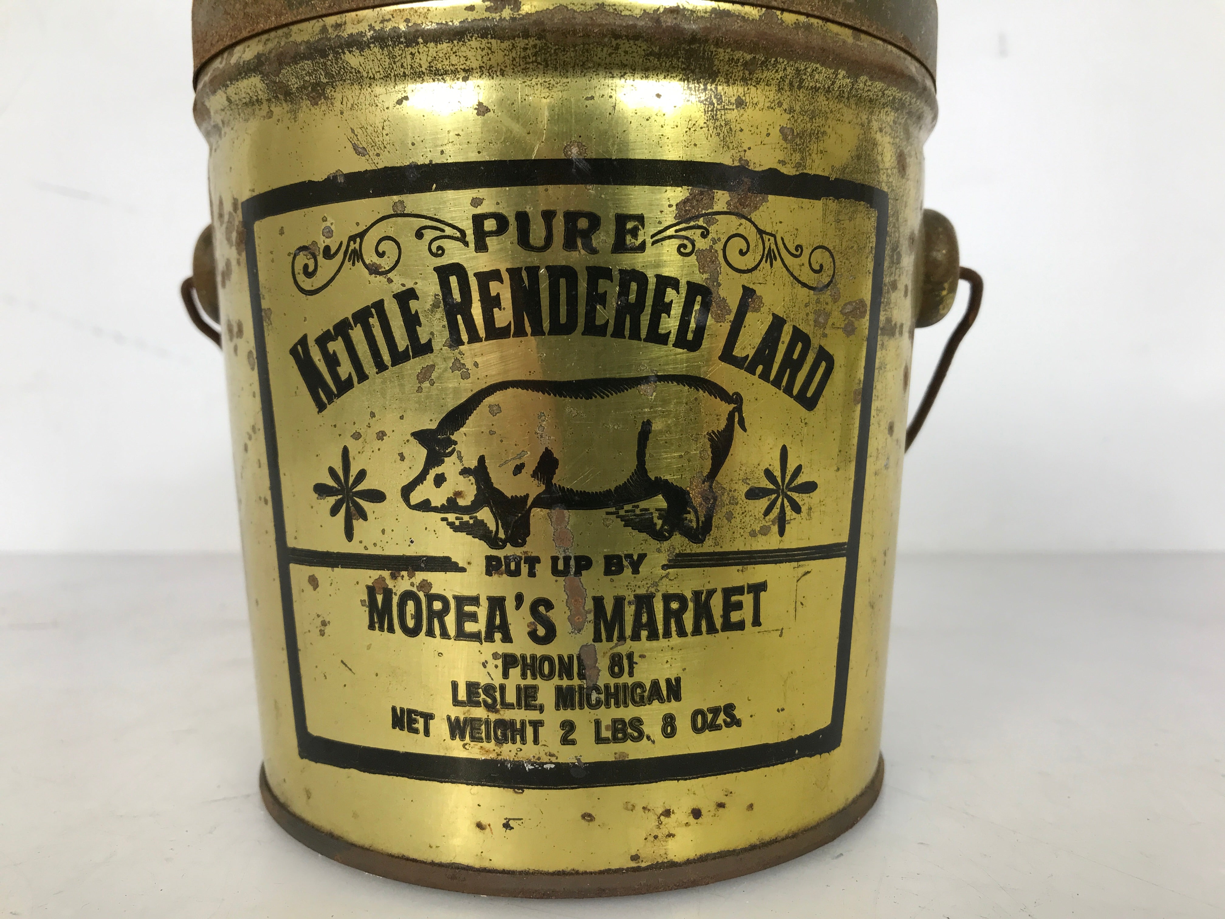 2.5 LB Morea's Market Pure Lard Tin with Lid and Bail Handle Leslie Michigan