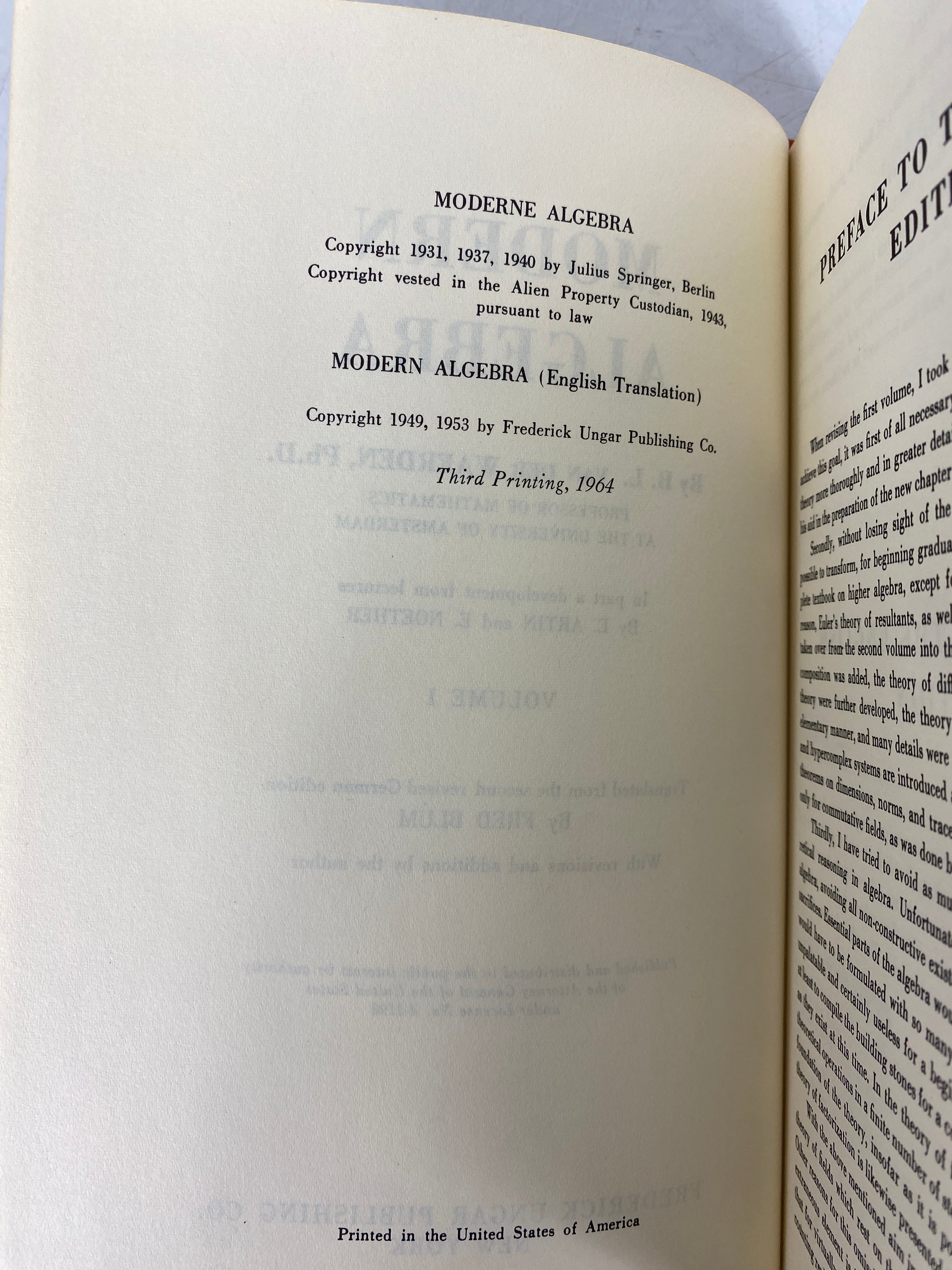 Mixed 2 Vol Set: Modern Algebra I and II by Van Der Waerden 1950-64 HC