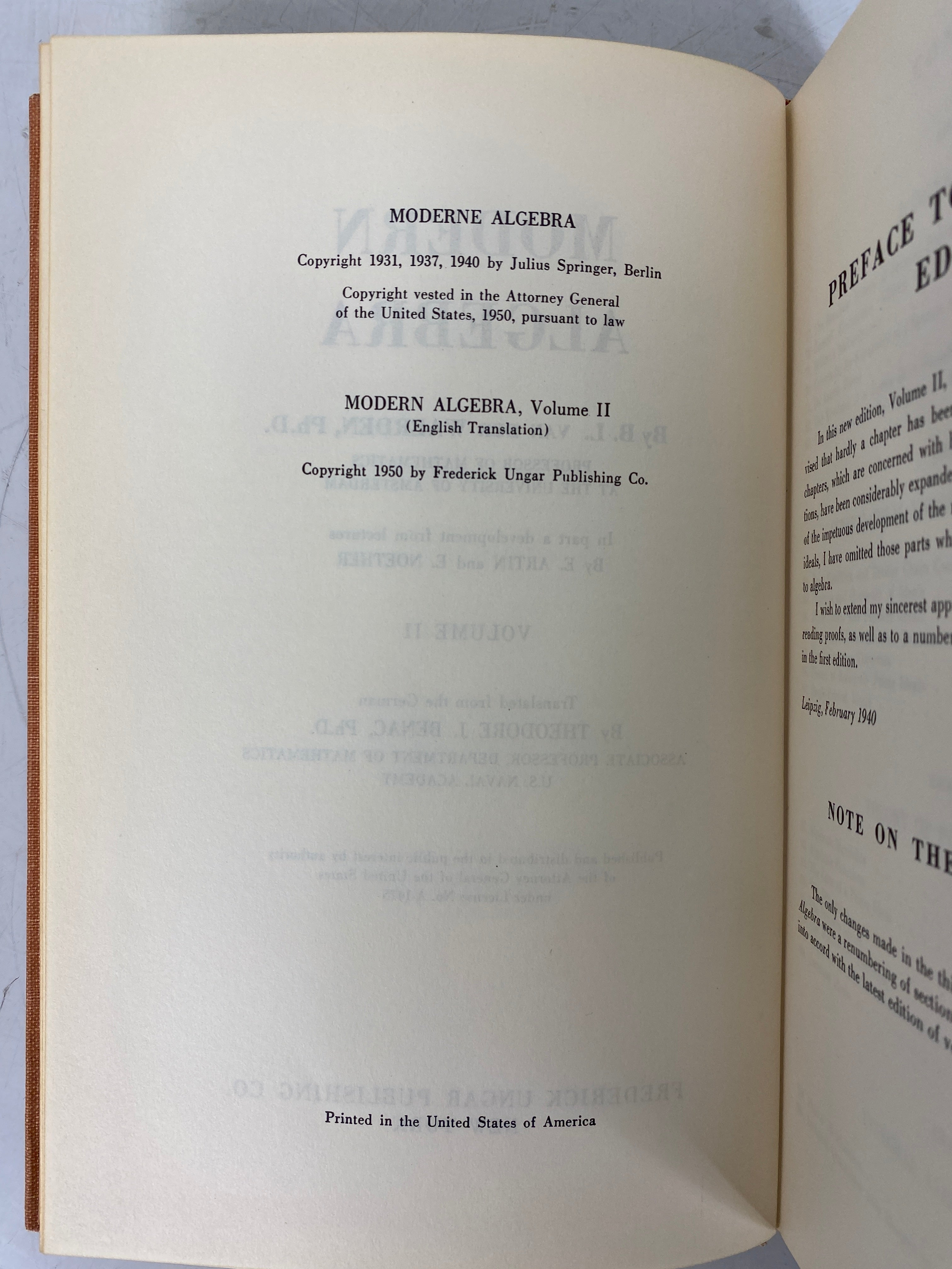 Mixed 2 Vol Set: Modern Algebra I and II by Van Der Waerden 1950-64 HC