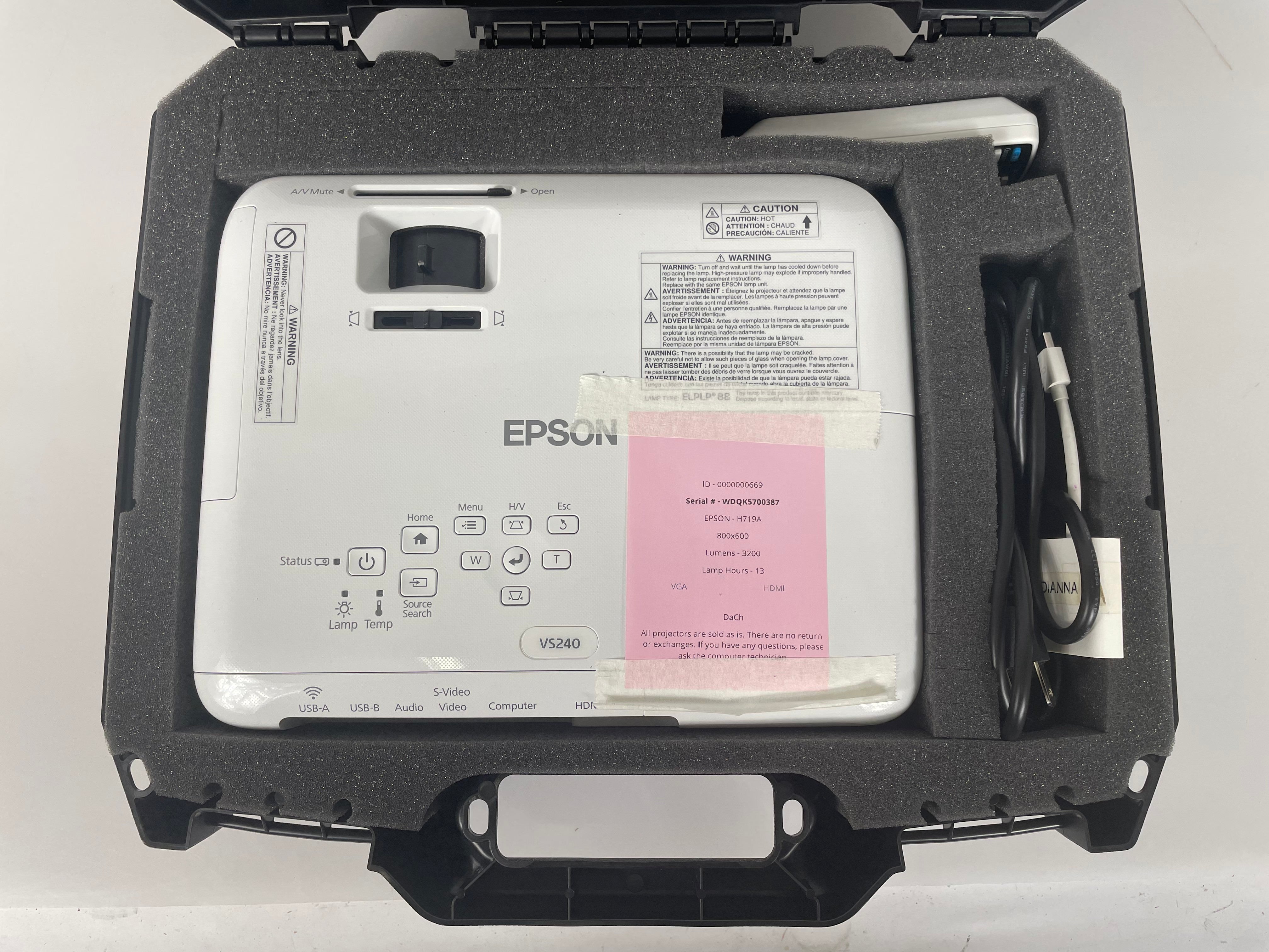 Epson VS240 3LCD Digital Projector With Case and Remote (13 hours)