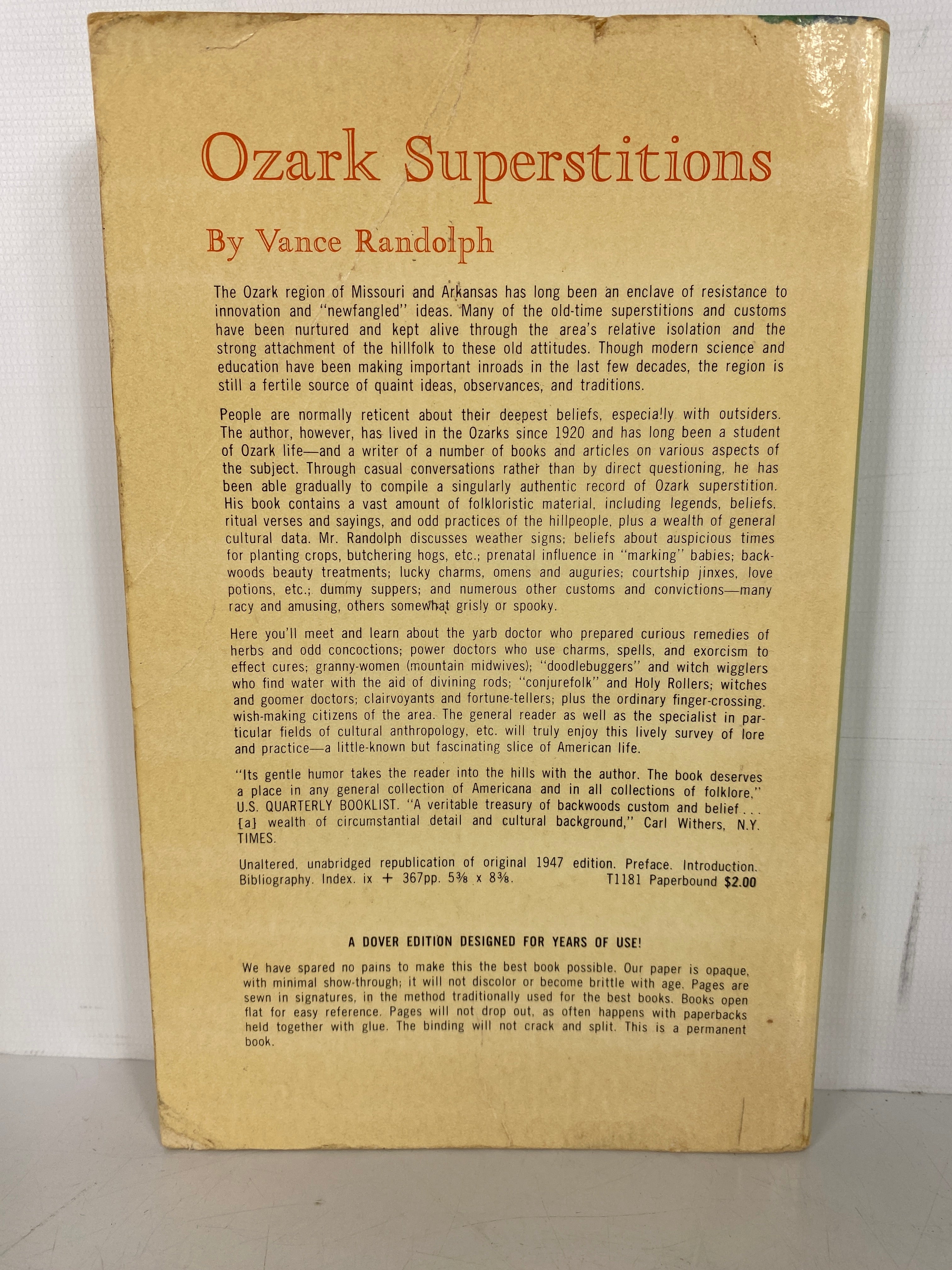 Ozark Superstitions Vance Randolph 1964 Dover Edition SC