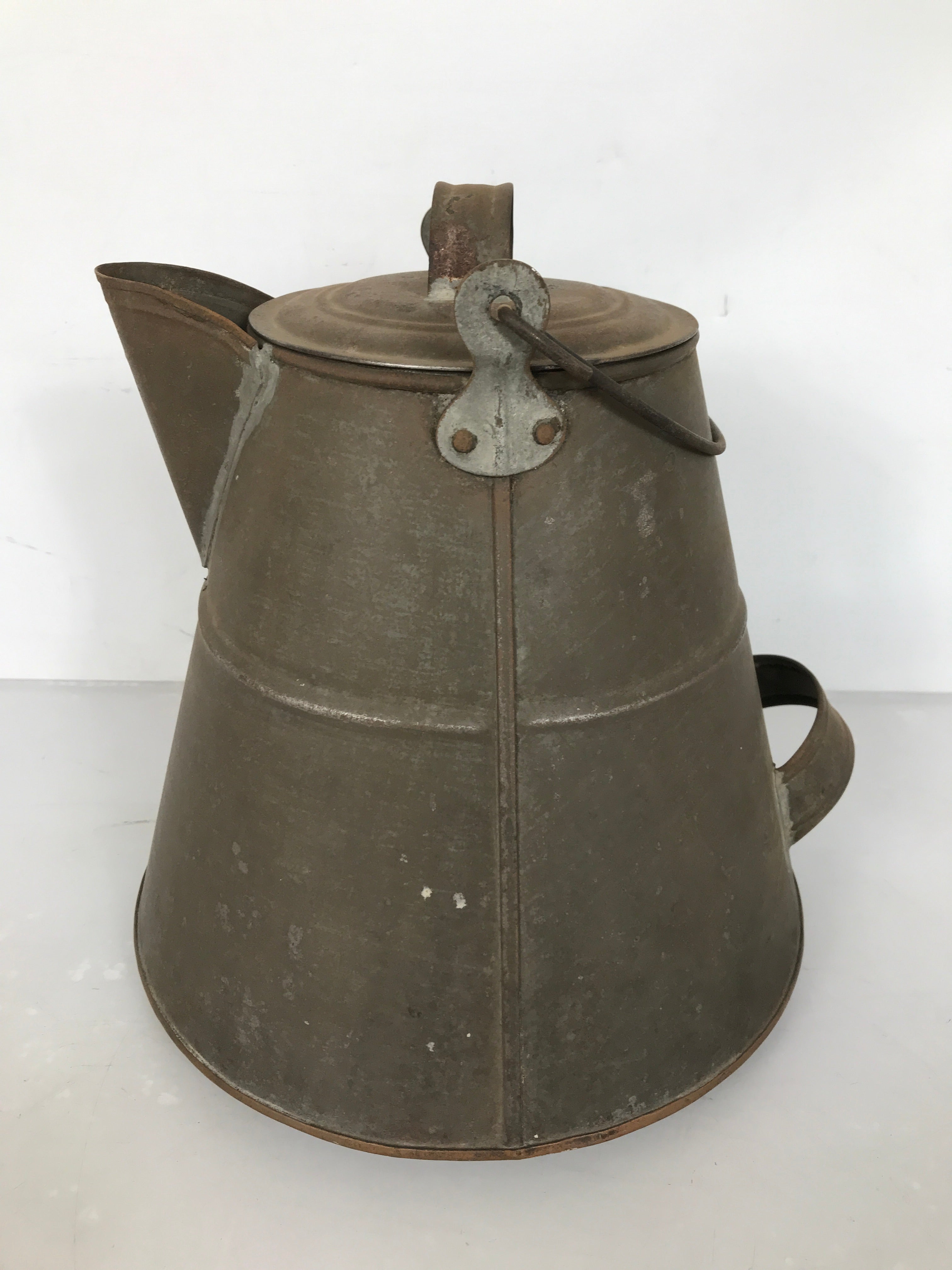 Antique Primitive Tin Tea Kettle with Copper Bottom and Bail Handle