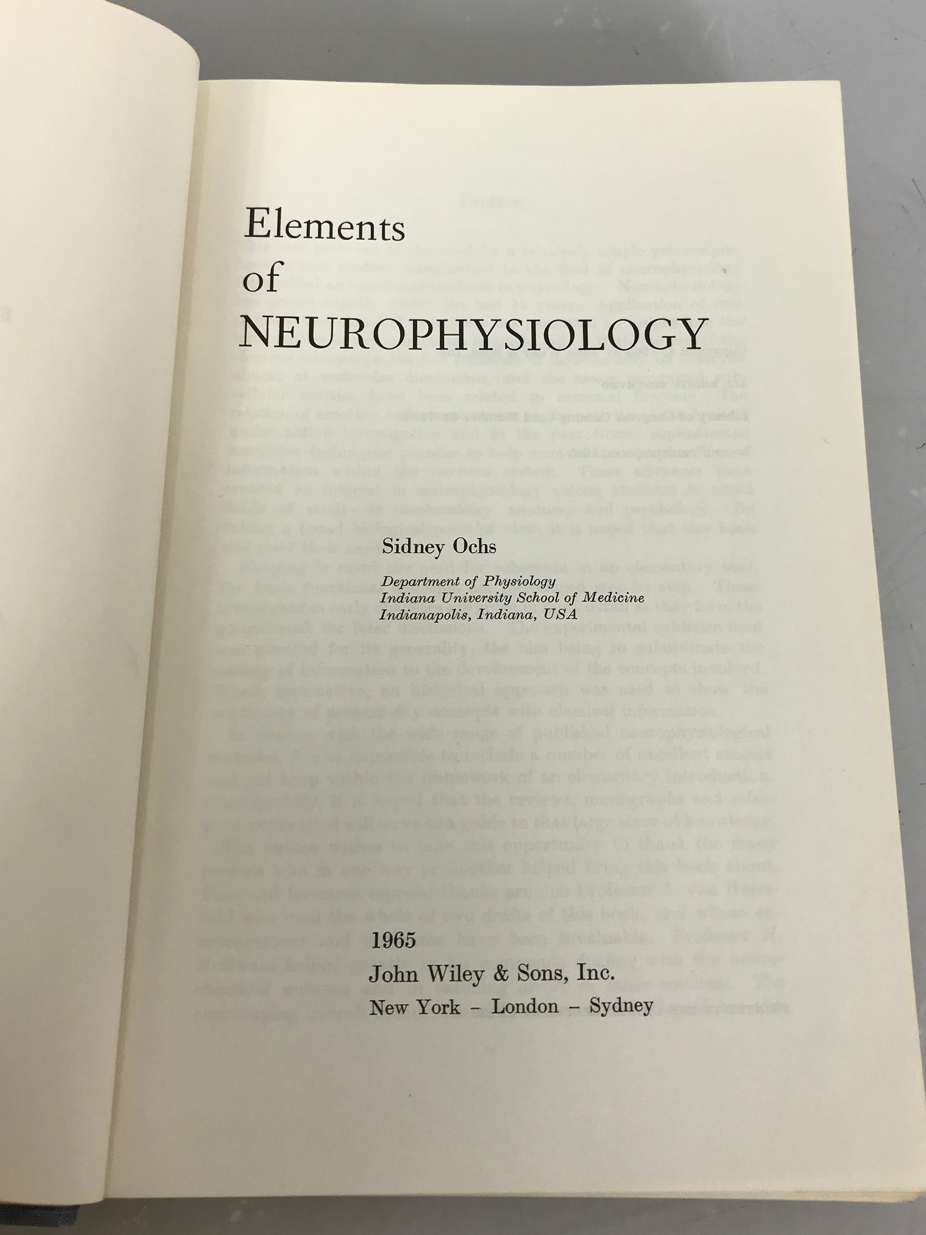 Elements of Neurophysiology by Sidney Ochs 1966 HC DJ