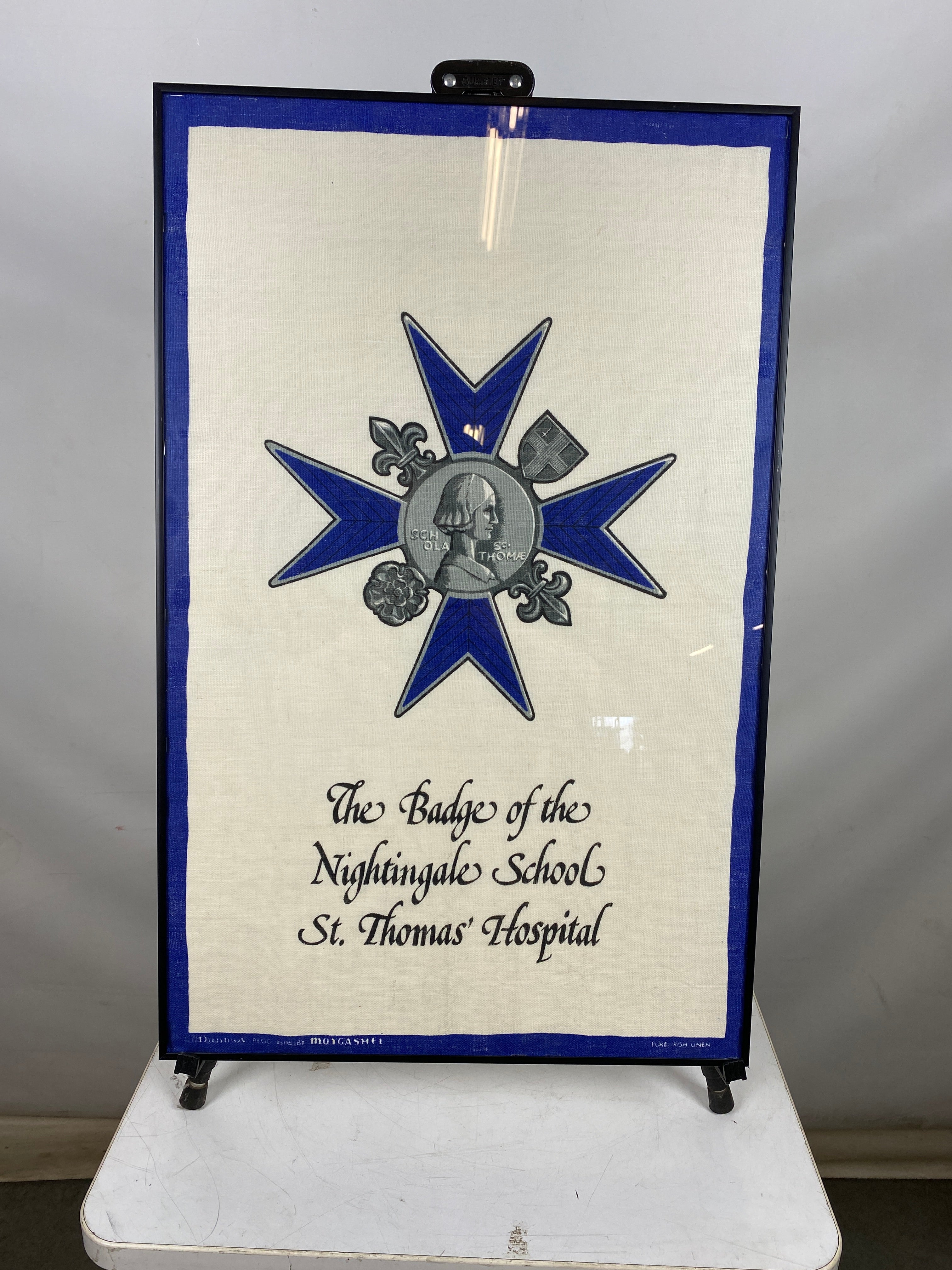 Vintage Moygashel Irish Linen Nightingale School Badge Framed Tapestry