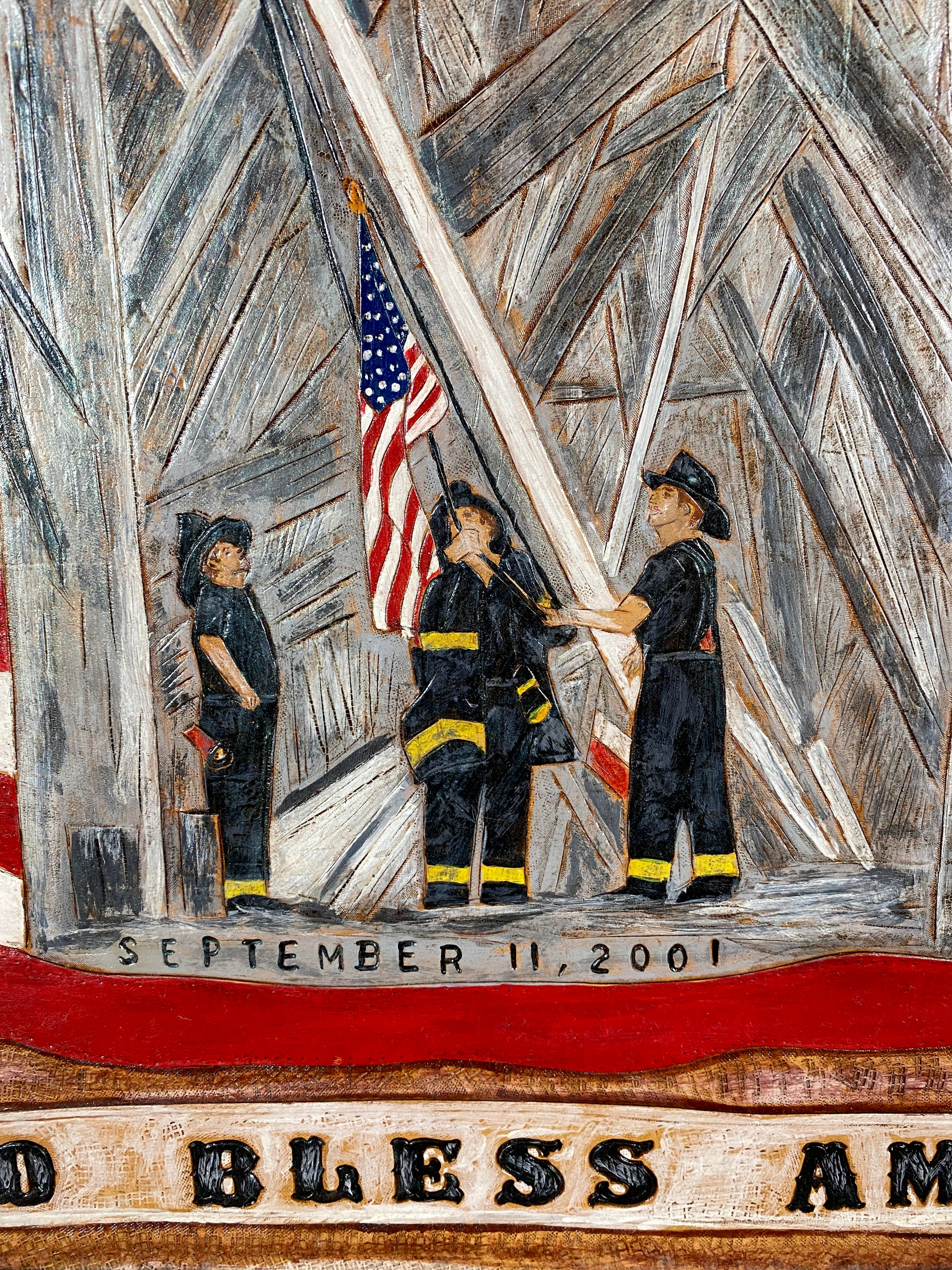 September Eleventh Leather Memorial Piece 'Raising the Flag at Ground Zero'