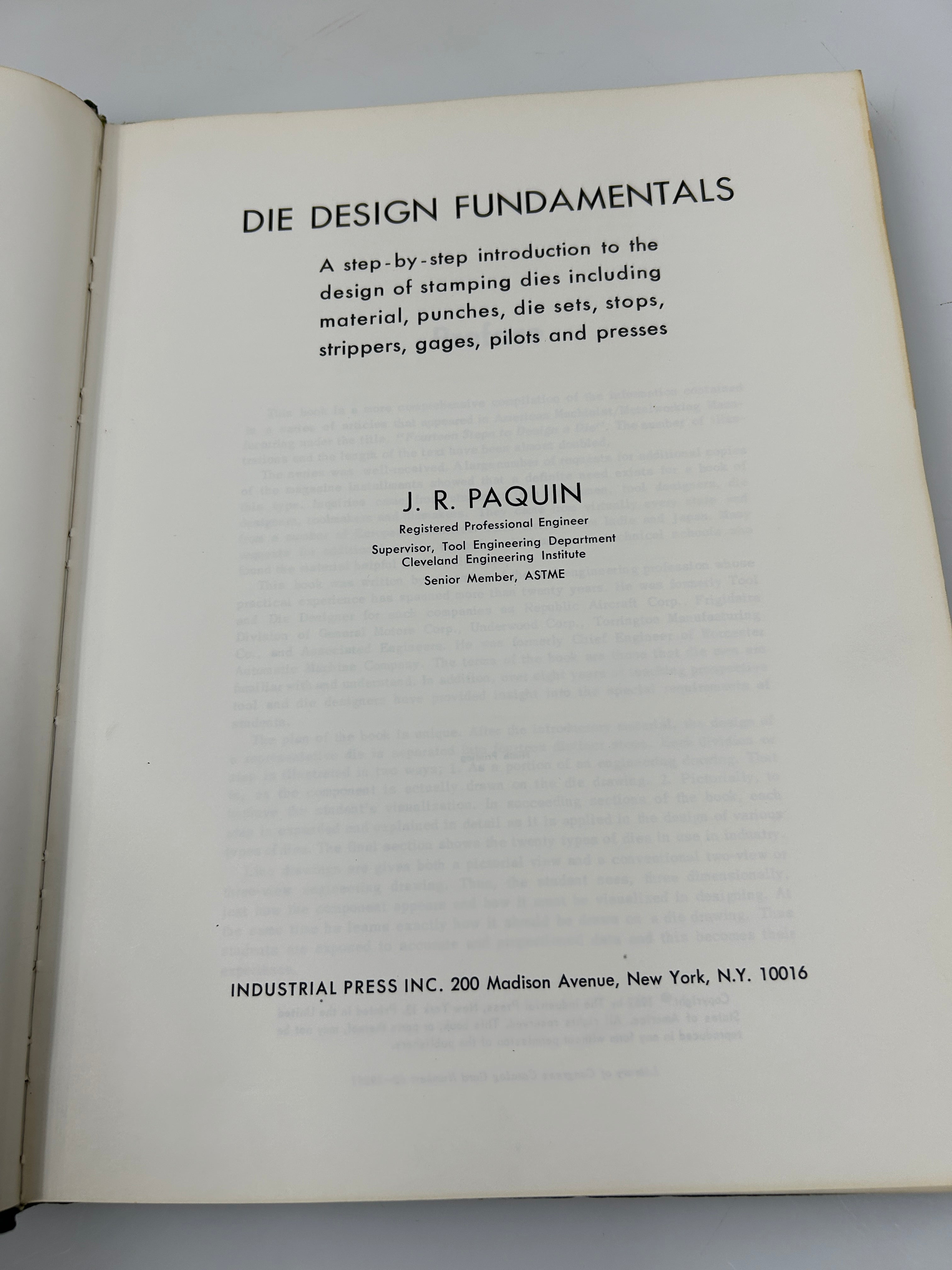 Die Design Fundamentals J.R. Paquin Industrial Press 9th Print 1962 HC