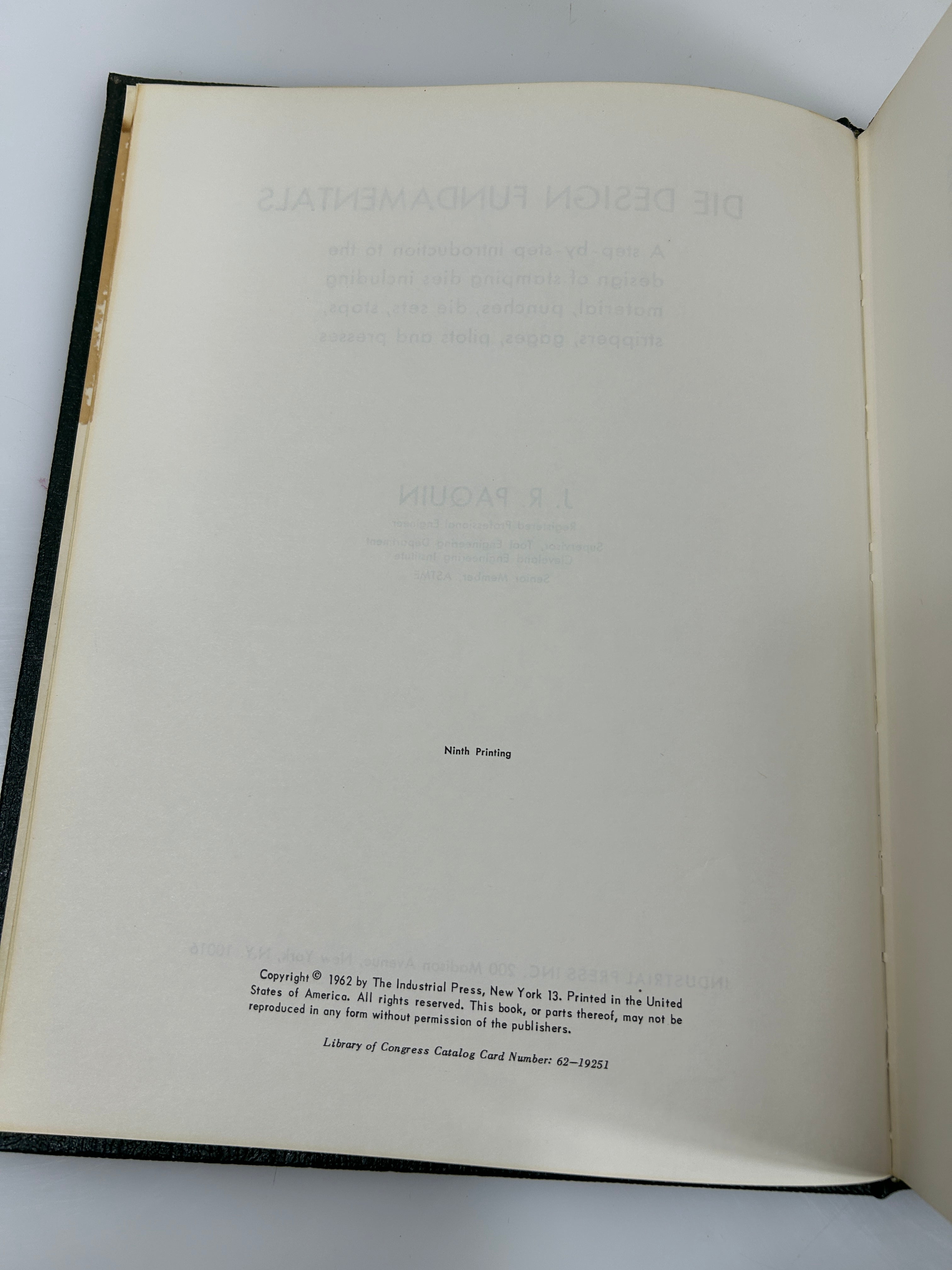 Die Design Fundamentals J.R. Paquin Industrial Press 9th Print 1962 HC