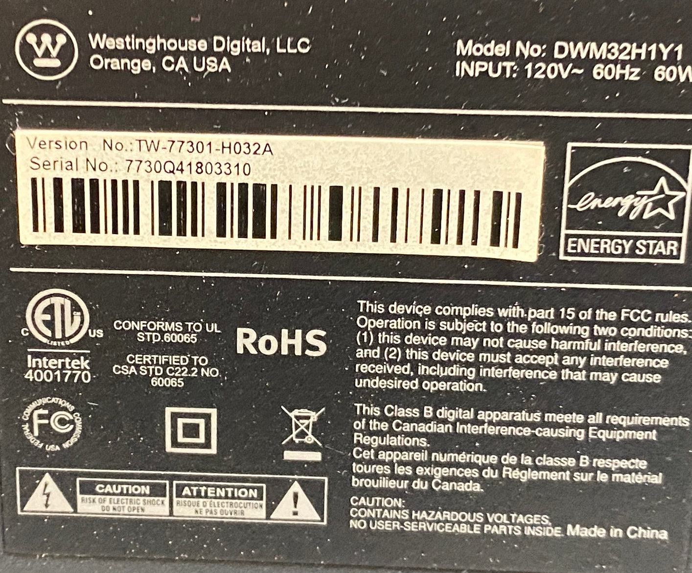 Westinghouse DWM32H1Y1 32" HD Diagonal LED HD TV Display