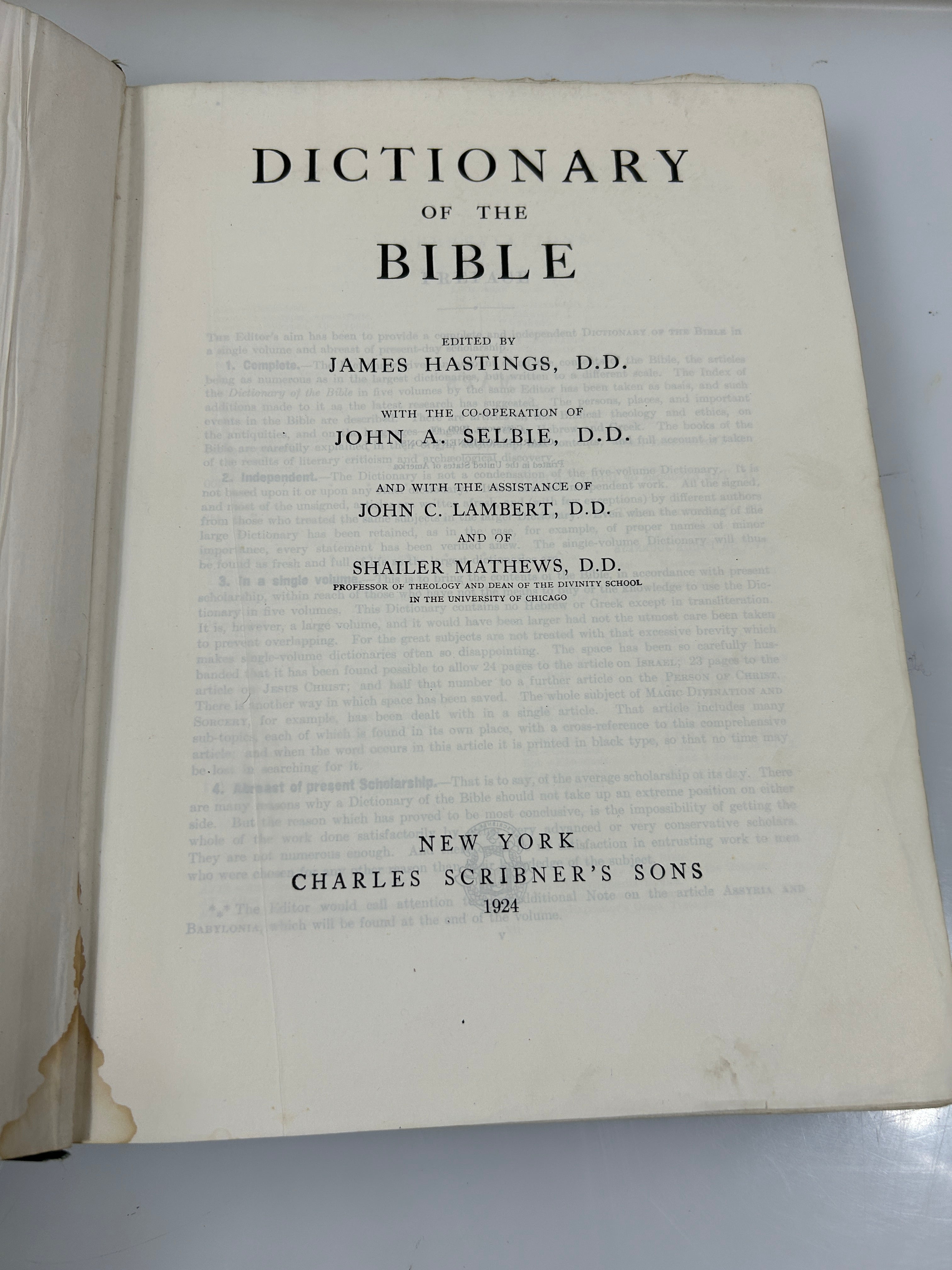 Dictionary of the Bible Ed James Hastings India Paper Ed Scribners 1924 HC