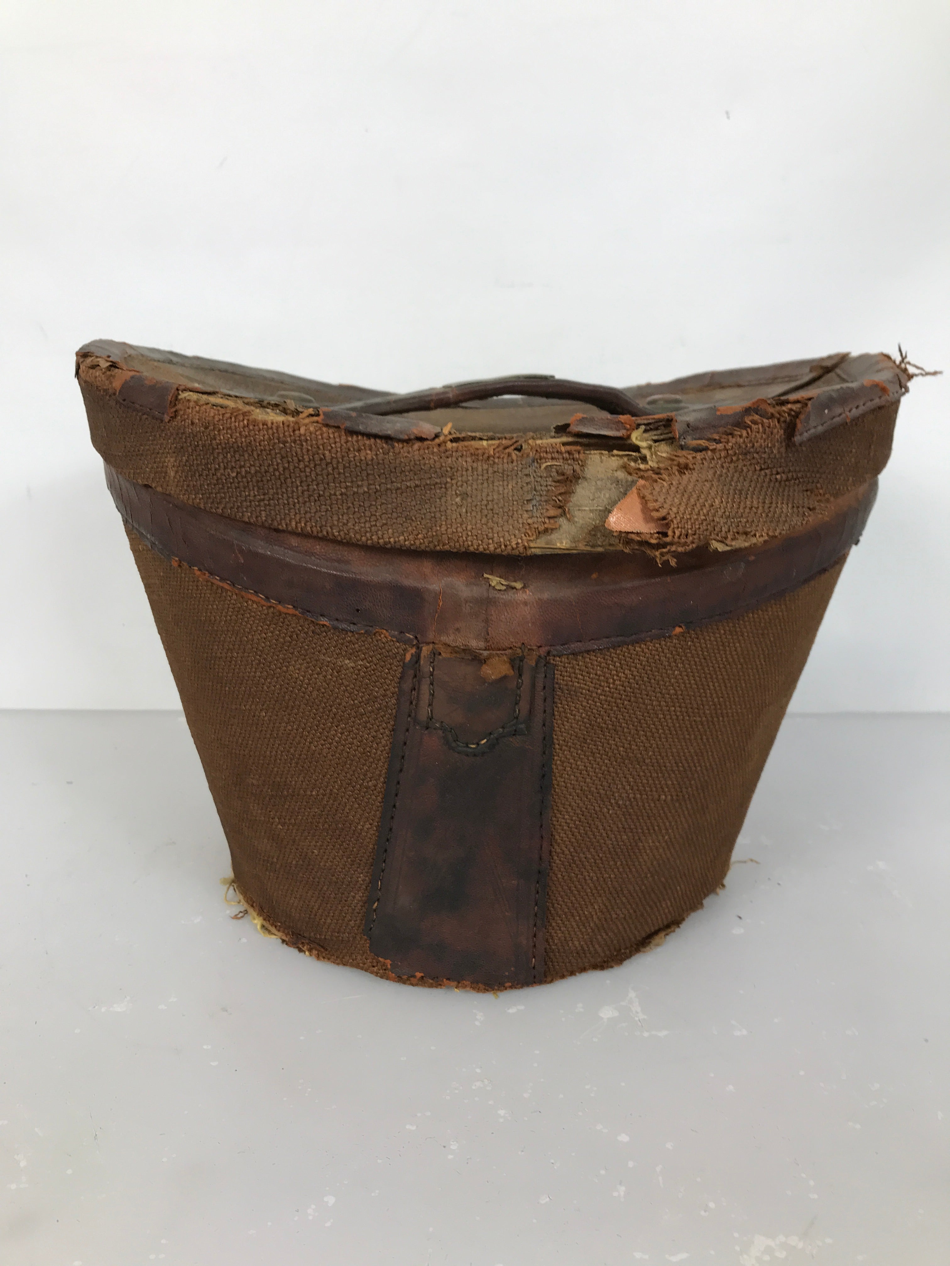 Antique 1800s Leather & Woven Hat Box with Lid *For Parts or Repair*