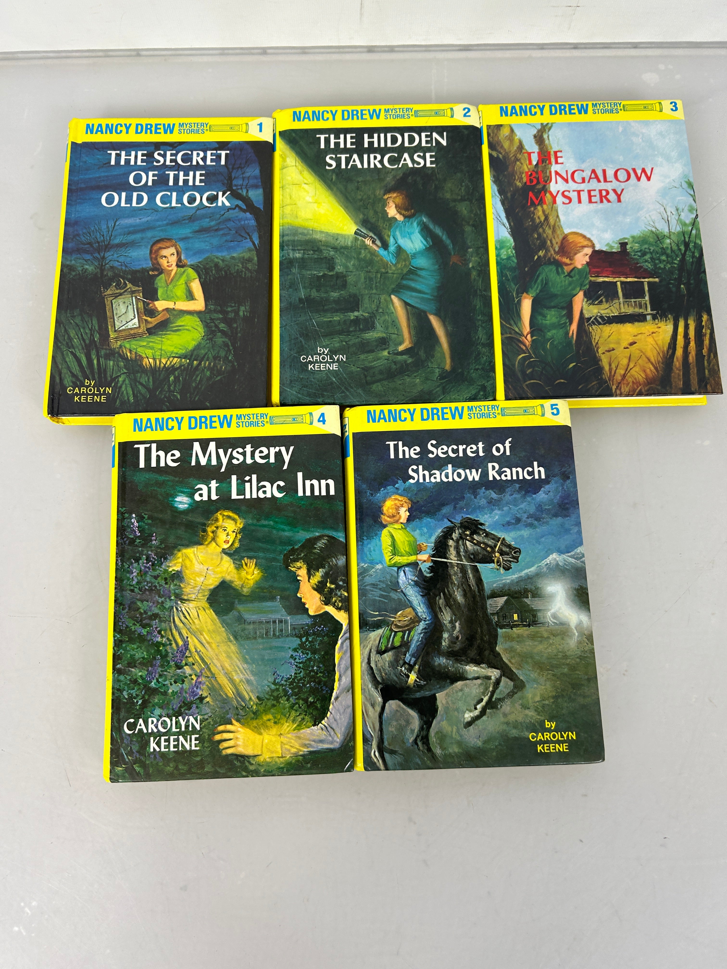 Lot of First 5 Nancy Drew Mysteries Shiny Yellow Flashlight Covers (1-5) HC