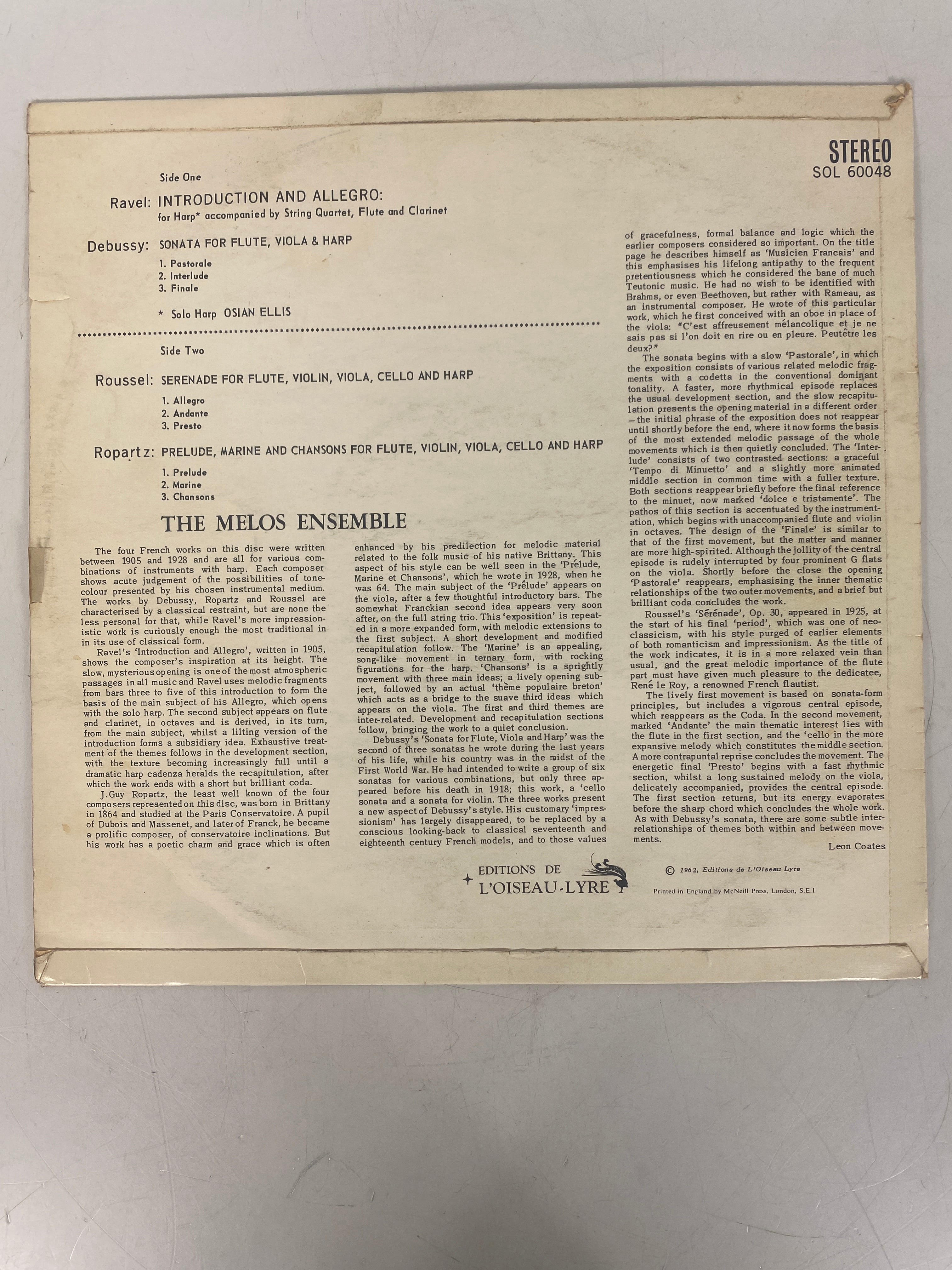 Melos Ensemble Ravel Debussy Roussel Vinyl Record
