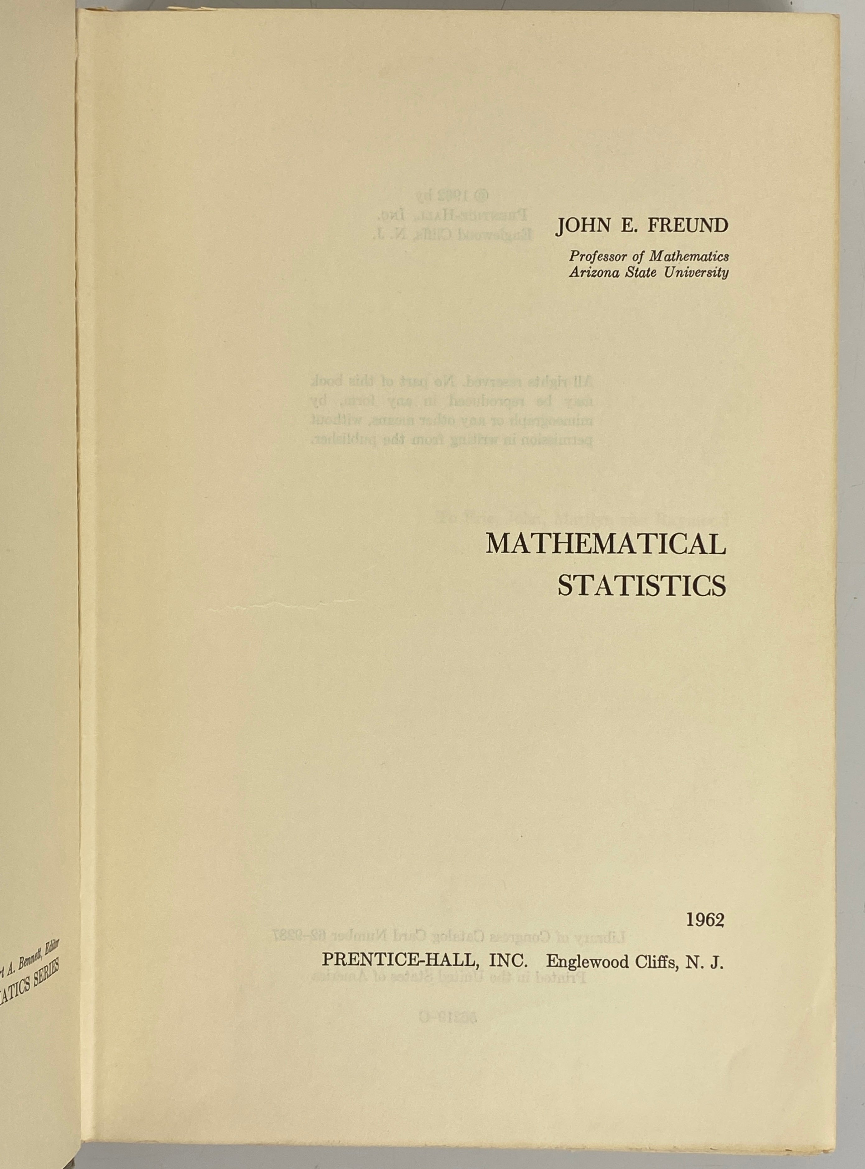 Mathematical Statistics by John Freund 1962 Vintage HC Textbook