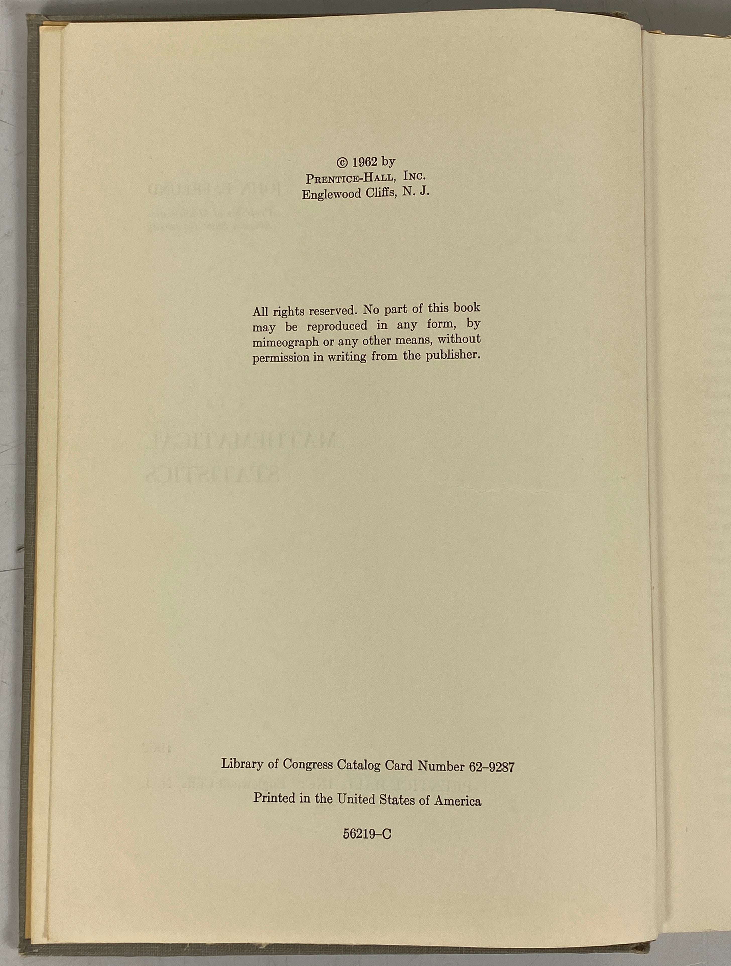 Mathematical Statistics by John Freund 1962 Vintage HC Textbook