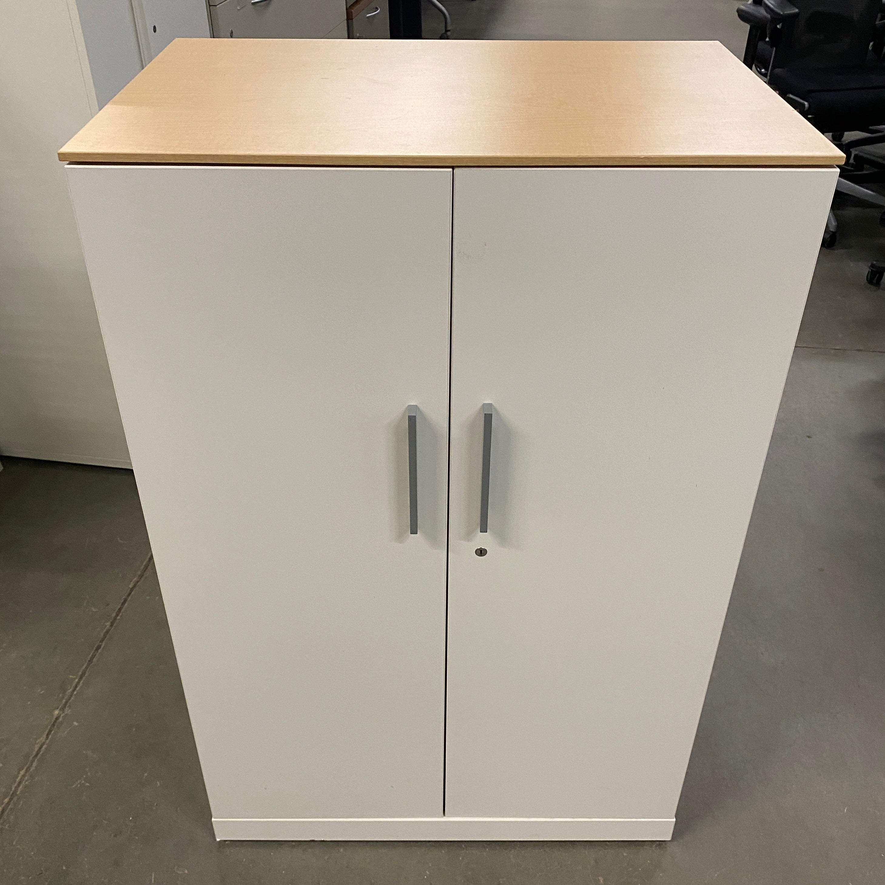 White Wooden Laminate Top Cabinet w/ Shelves