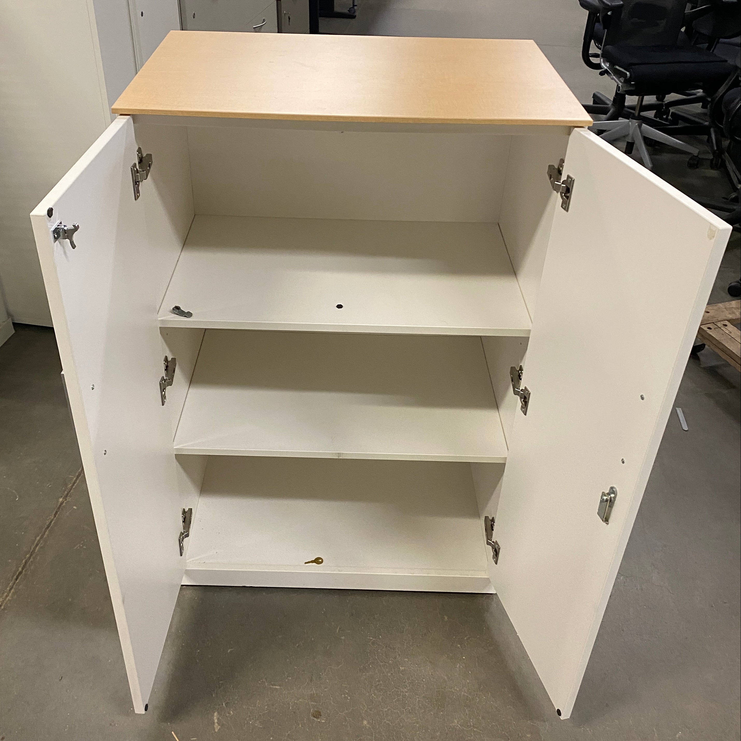 White Wooden Laminate Top Cabinet w/ Shelves