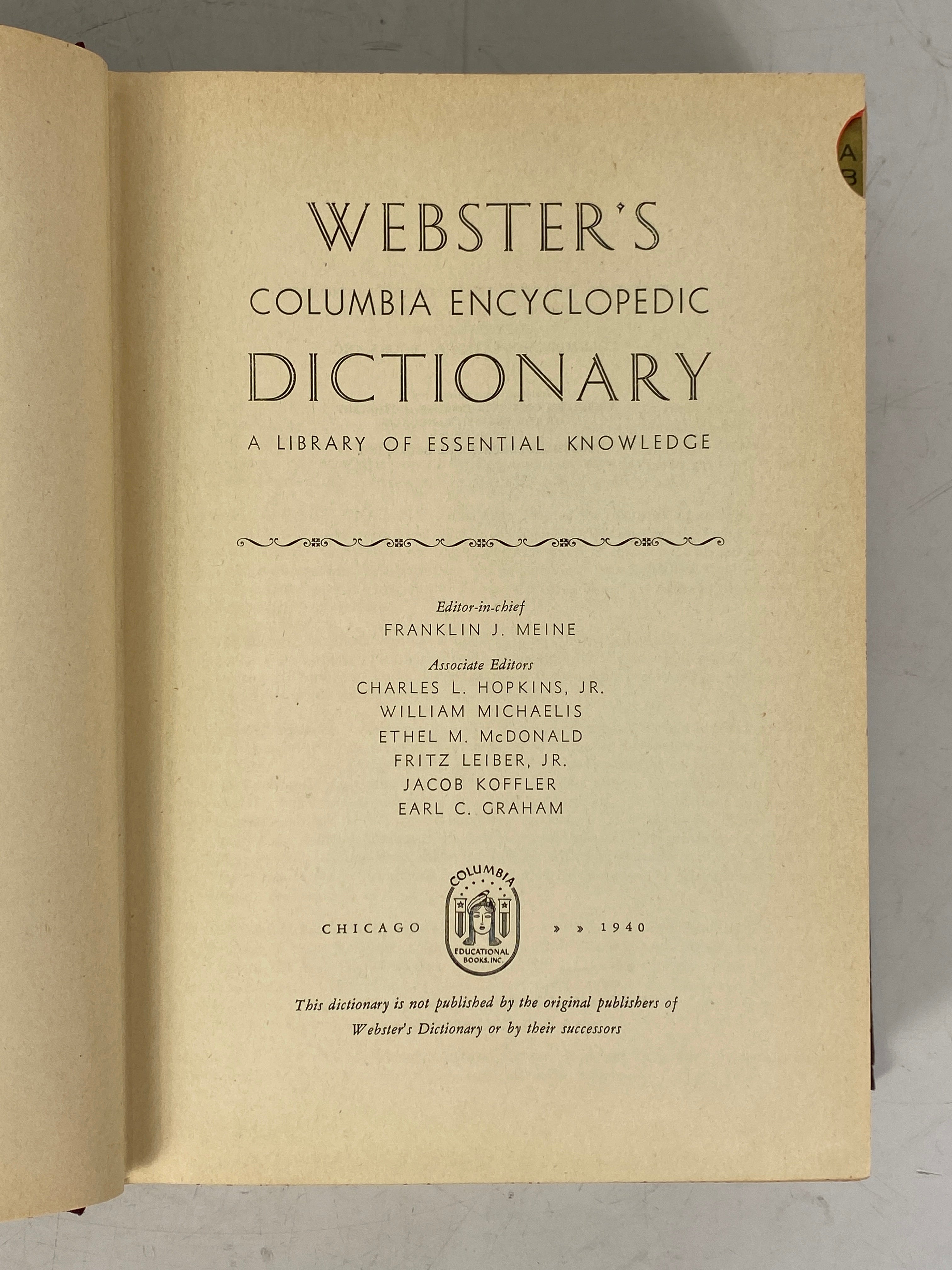 Webster's Columbia Encyclopedic Dictionary 1940 Vintage HC