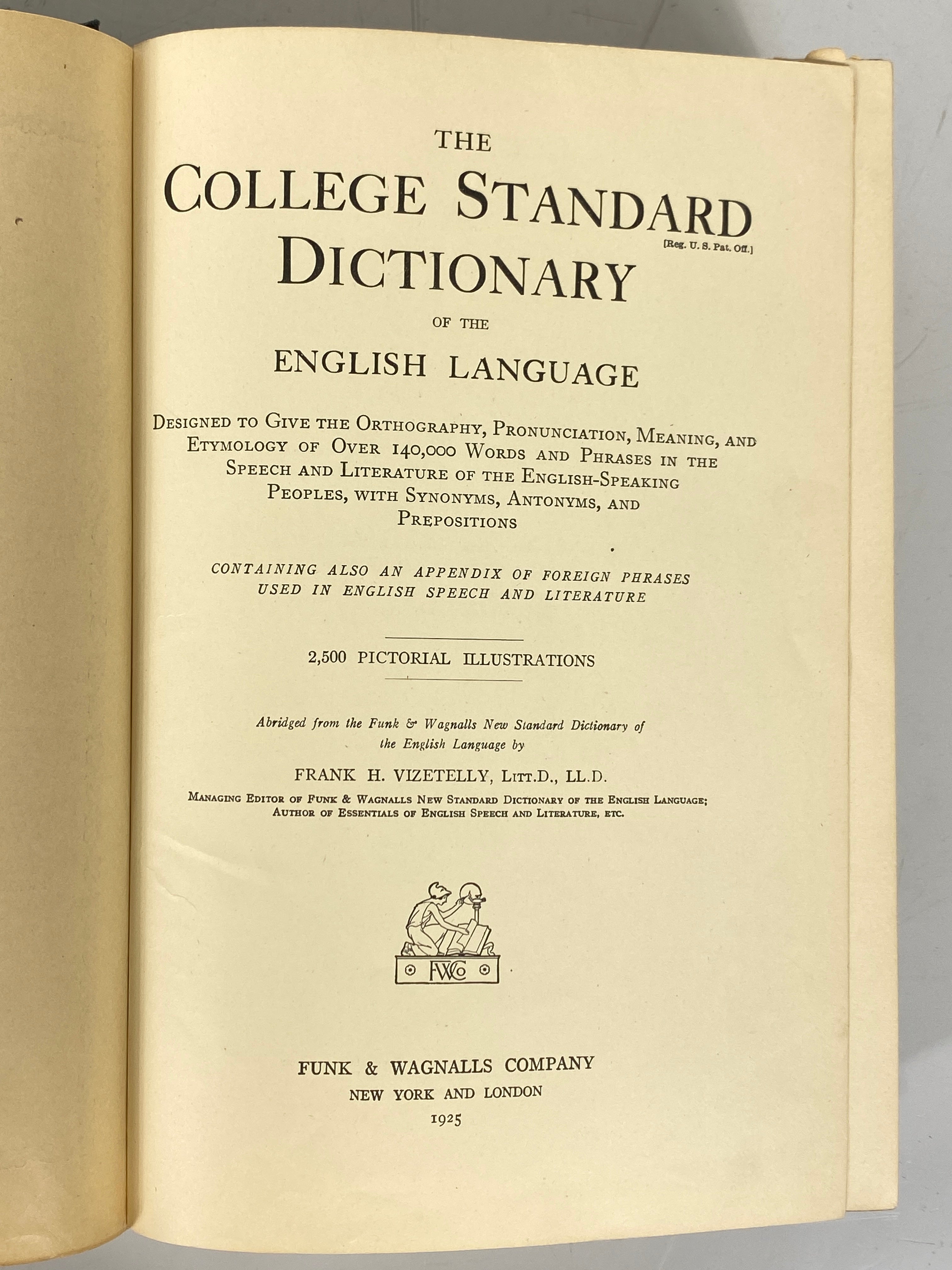 Funk & Wagnalls College Standard Dictionary 1925 Detroit School Prize HC