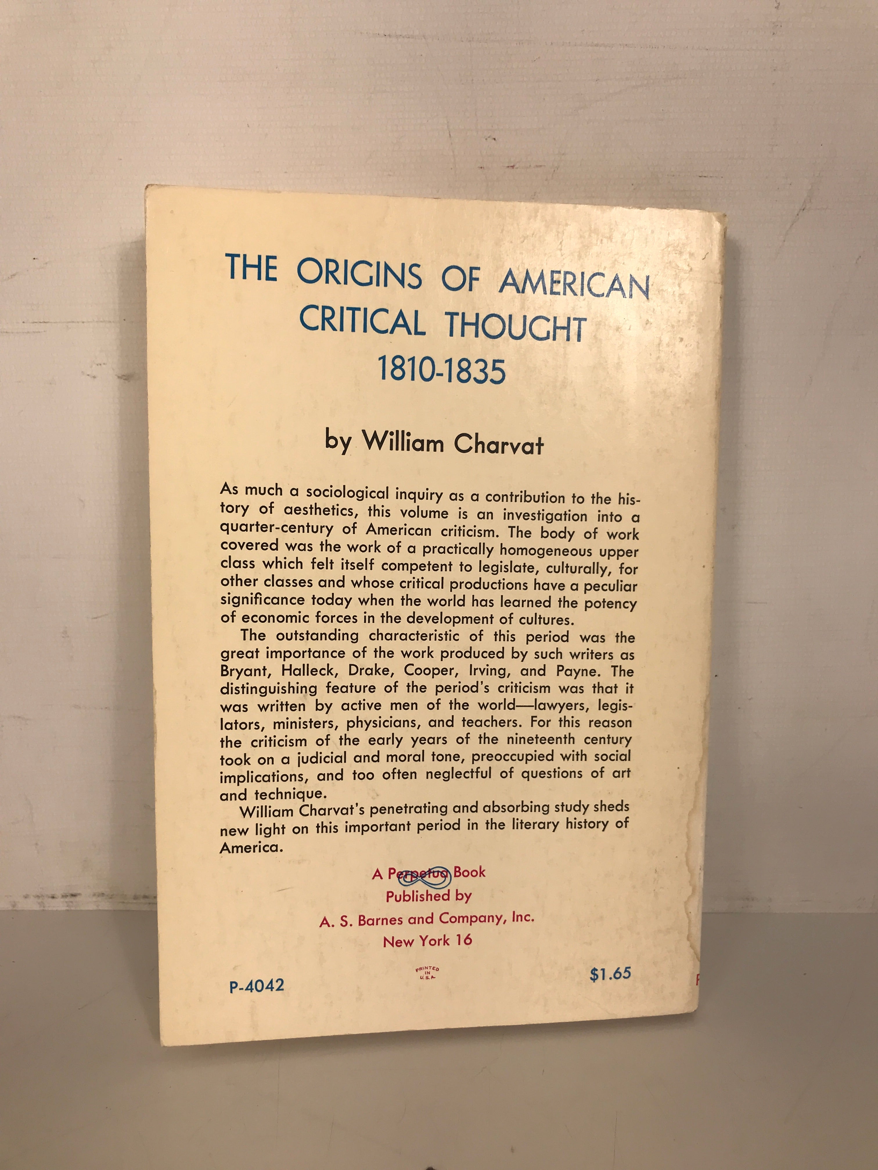 The Origins of American Critical Thought 1810-1835 Charvat 1961 Perpetua Ed SC