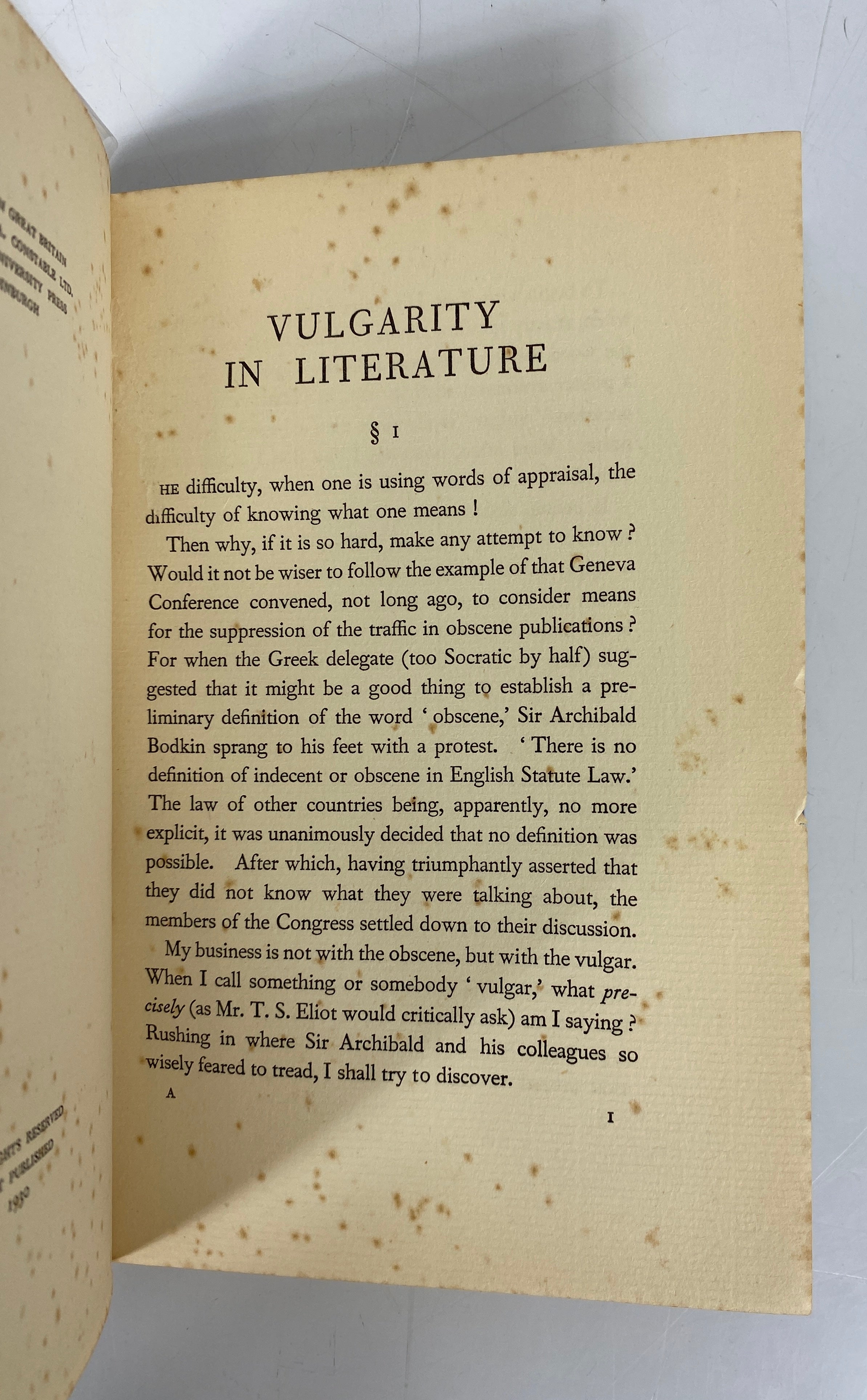 Vulgarity in Literature by Aldous Huxley 1930 HC DJ