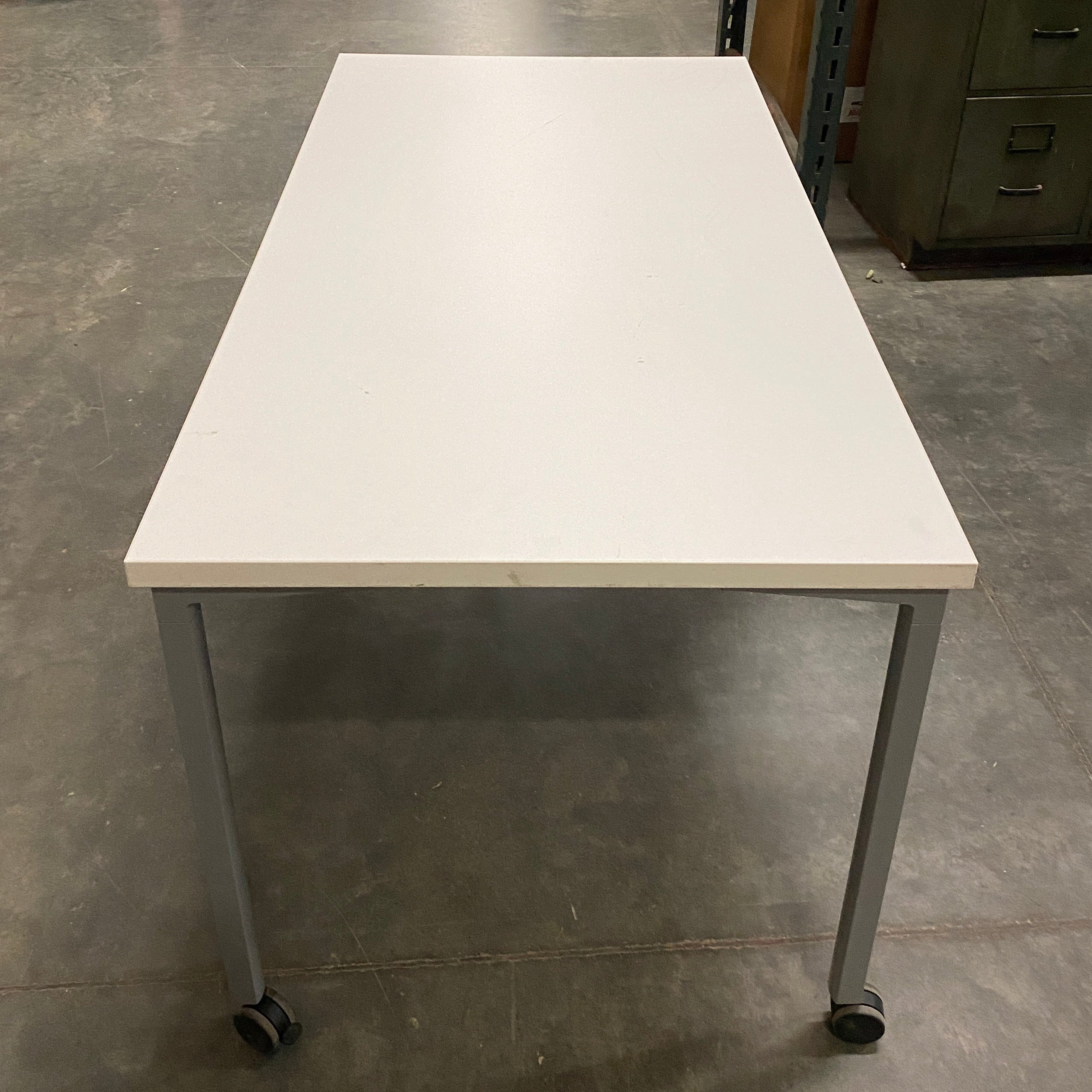 White Rectangular Laminate Table w/ Wheels & Brakes