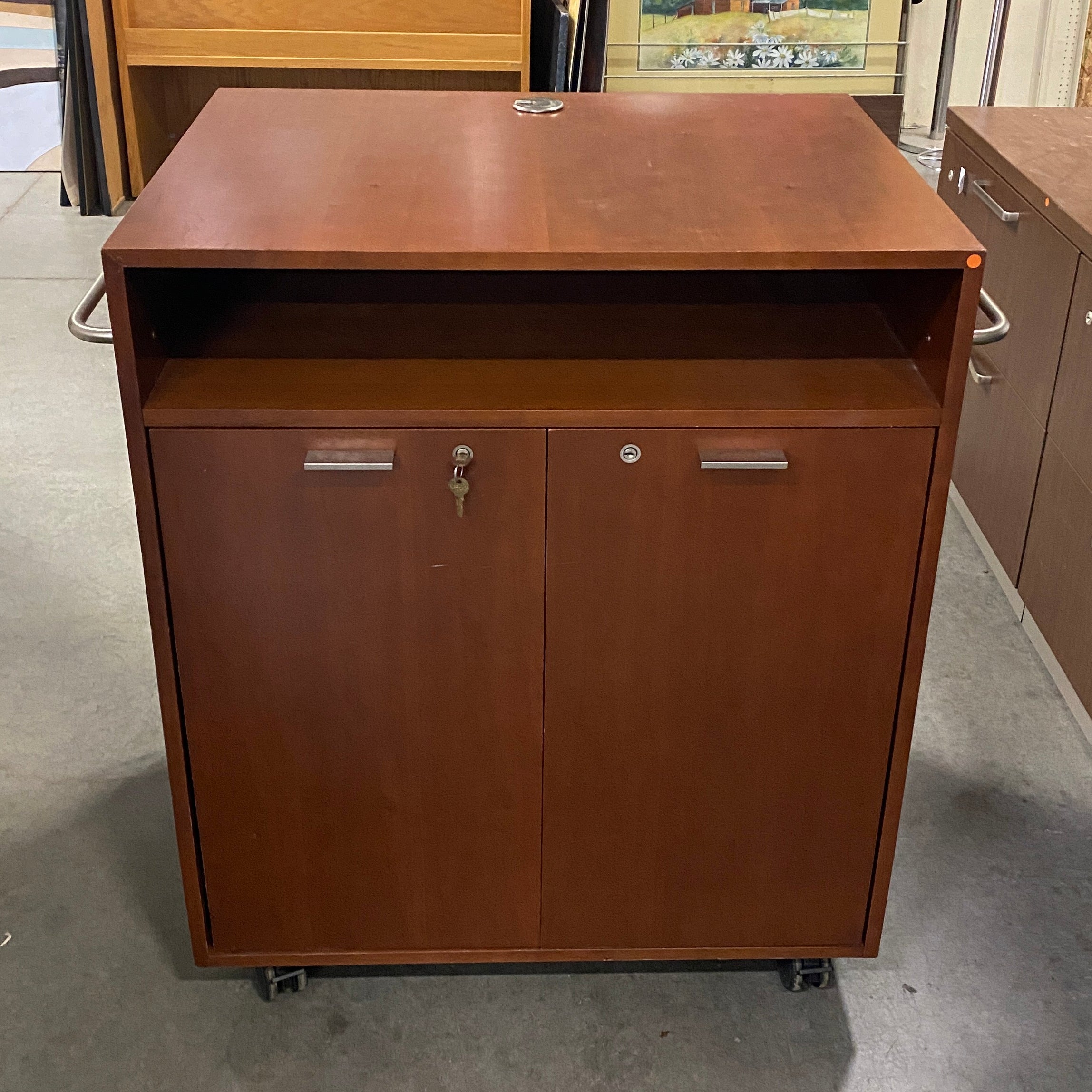 Wooden 2 Door Rolling Cabinet Lockable w/ Key