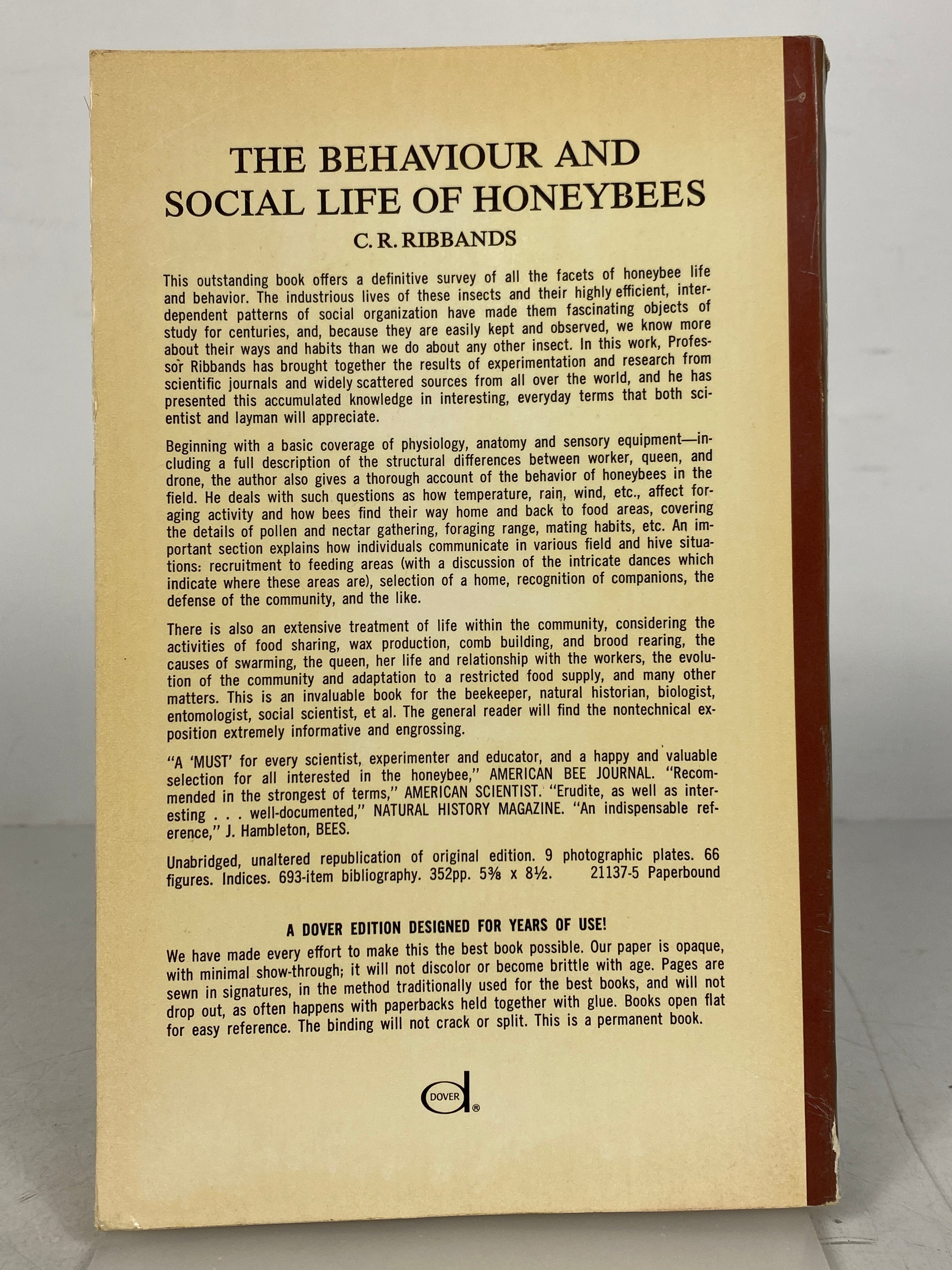 The Behaviour and Social Life of Honeybees Ribbands 1964 Dover SC