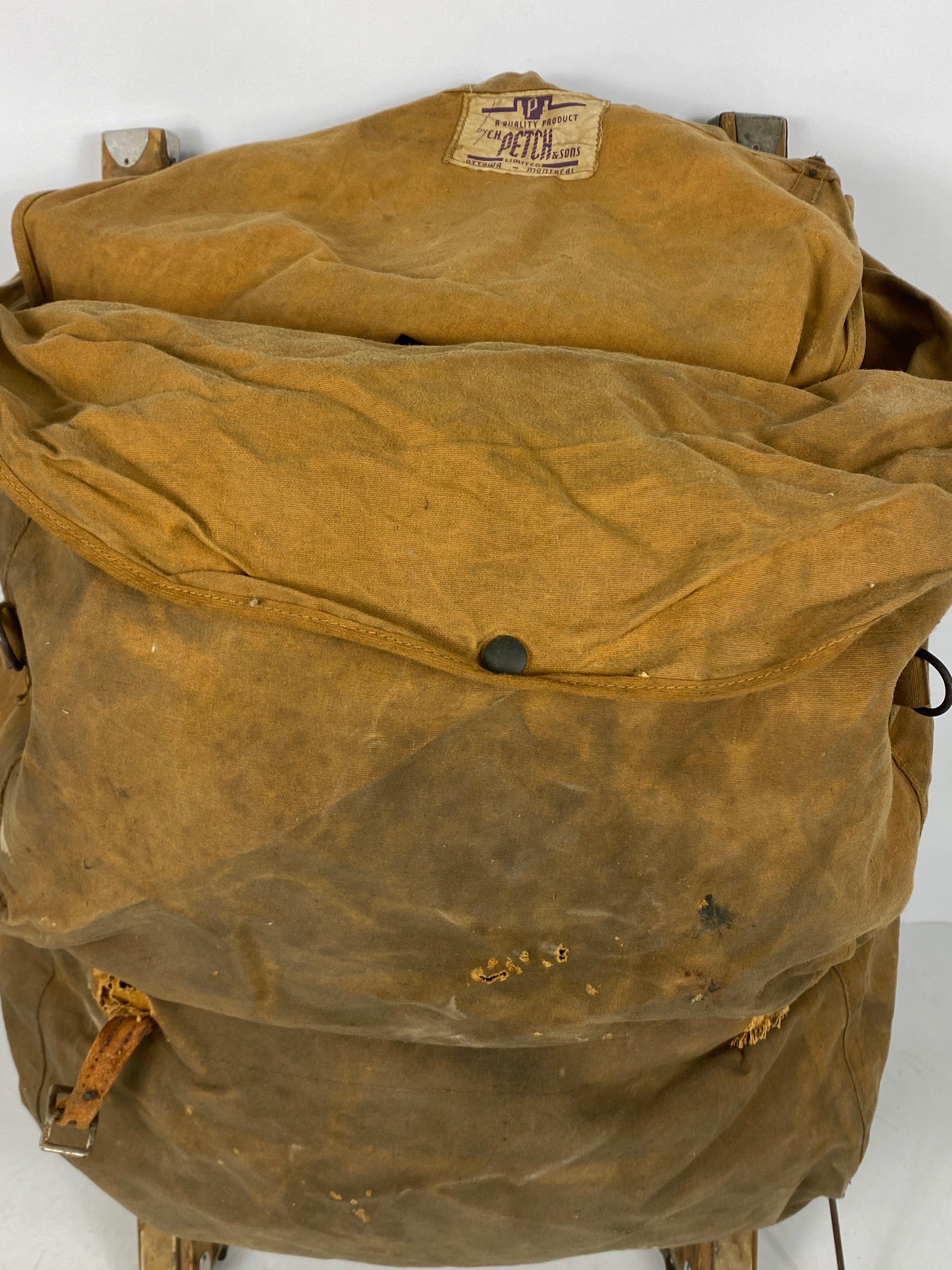 Vintage 1940s C.H. Petch & Sons Canvas Backpack with Wooden Frame