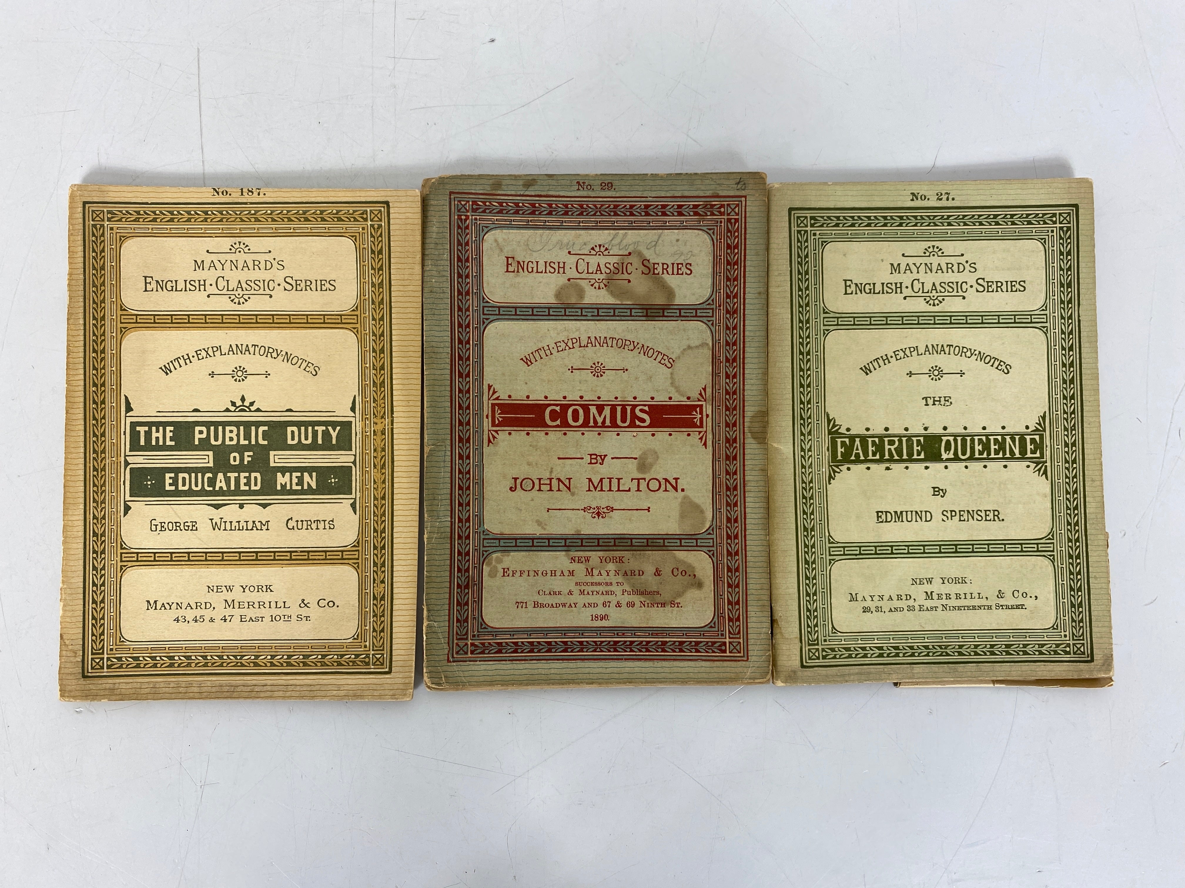 3 Antique Maynard's English Classic Series 1890-98 Spenser/Milton/Curtis SC