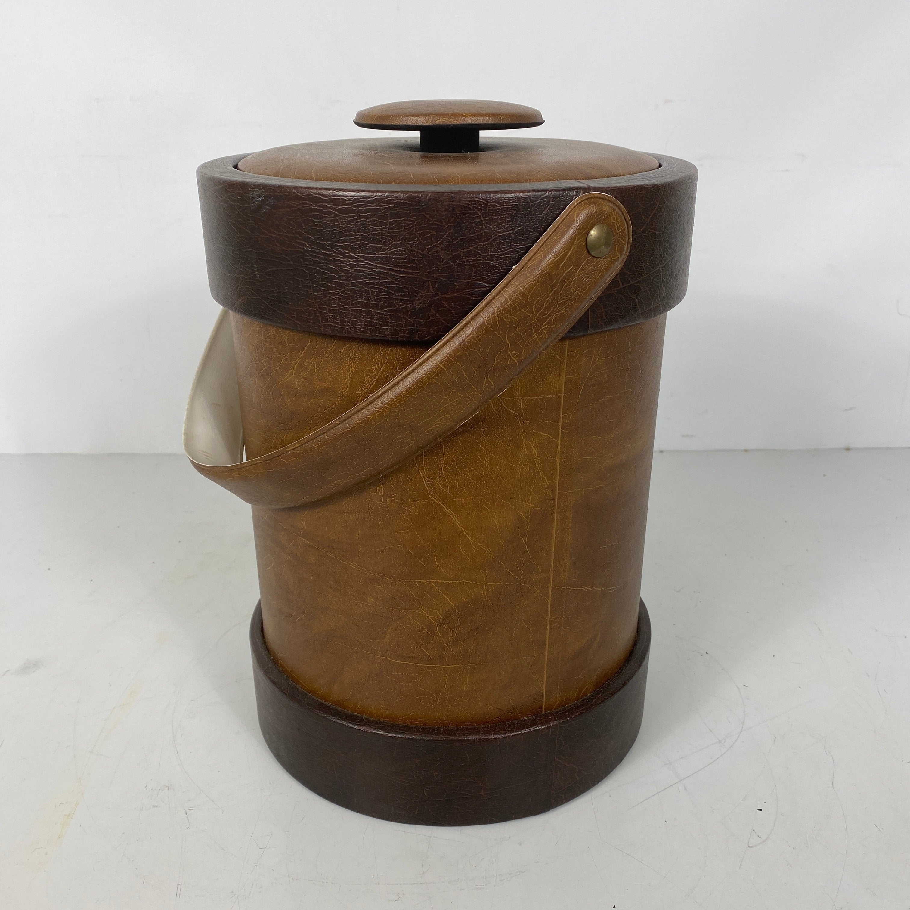 Vintage MCM Shelton-Ware Vinyl Ice Bucket w/ Lid Two Tone Faux Leather