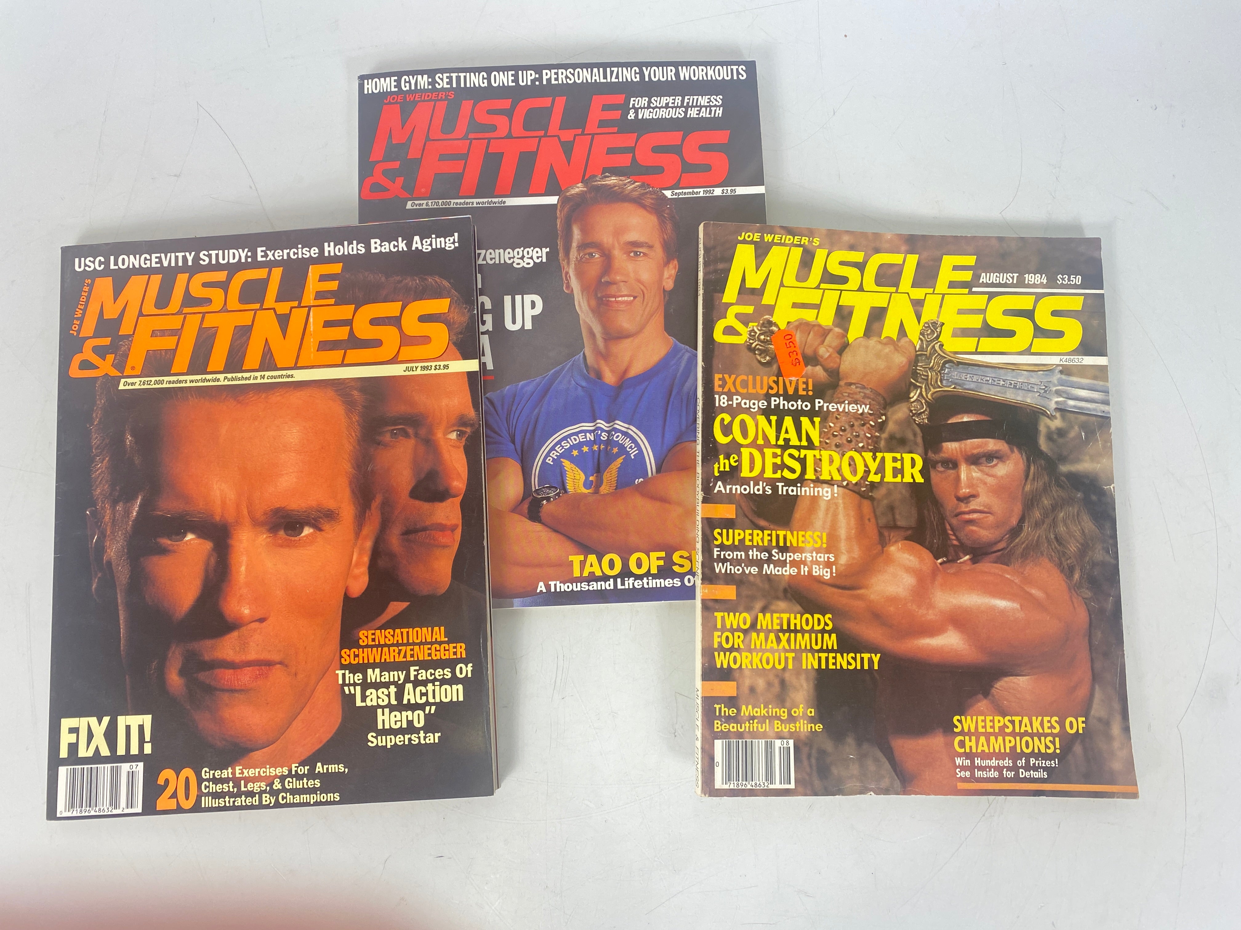 Lot of 3 Muscle and Fitness Magazines Swarzenegger Covers 1984 1992 1993