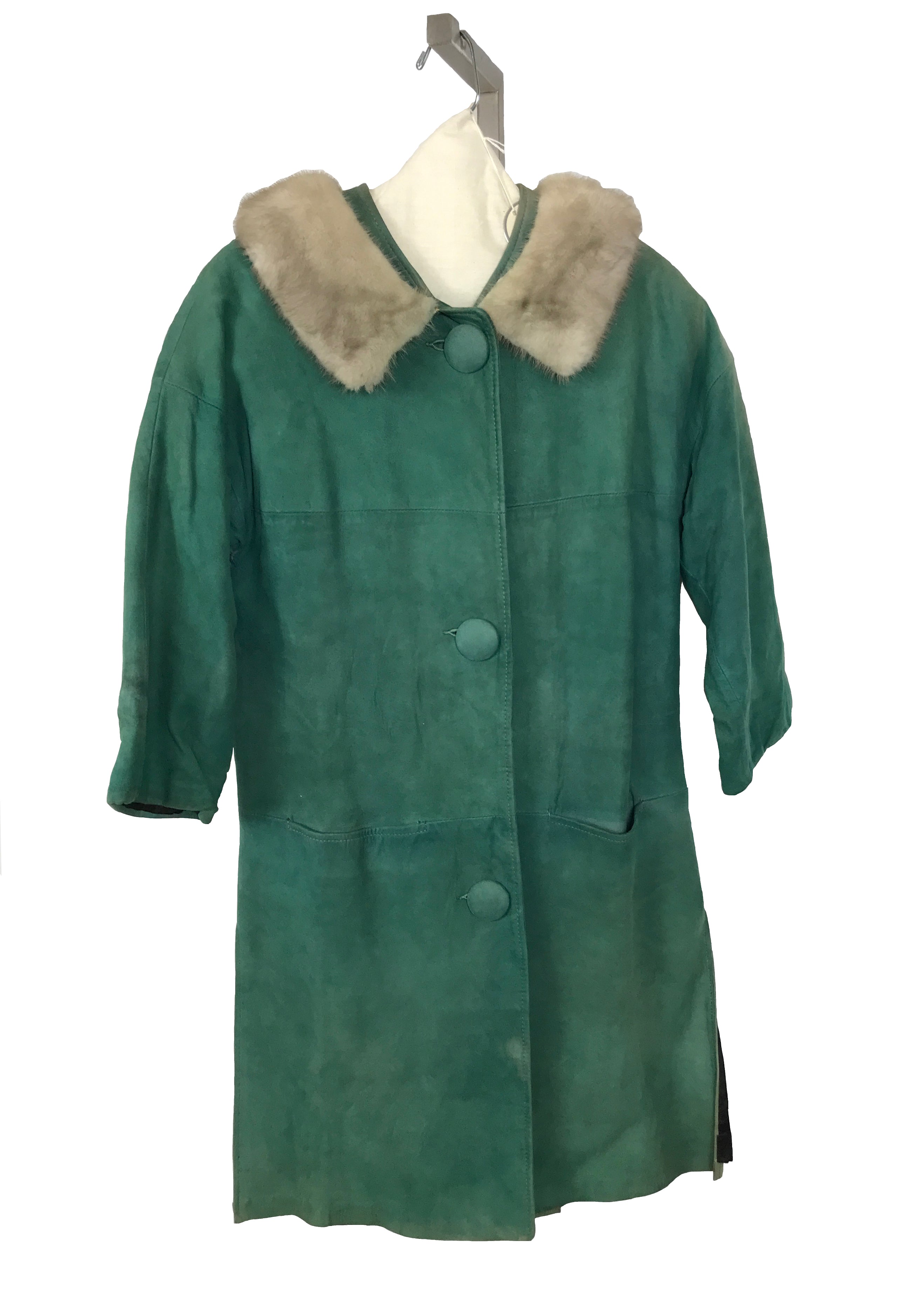 Vintage Green Suede Coat with Fur Collar