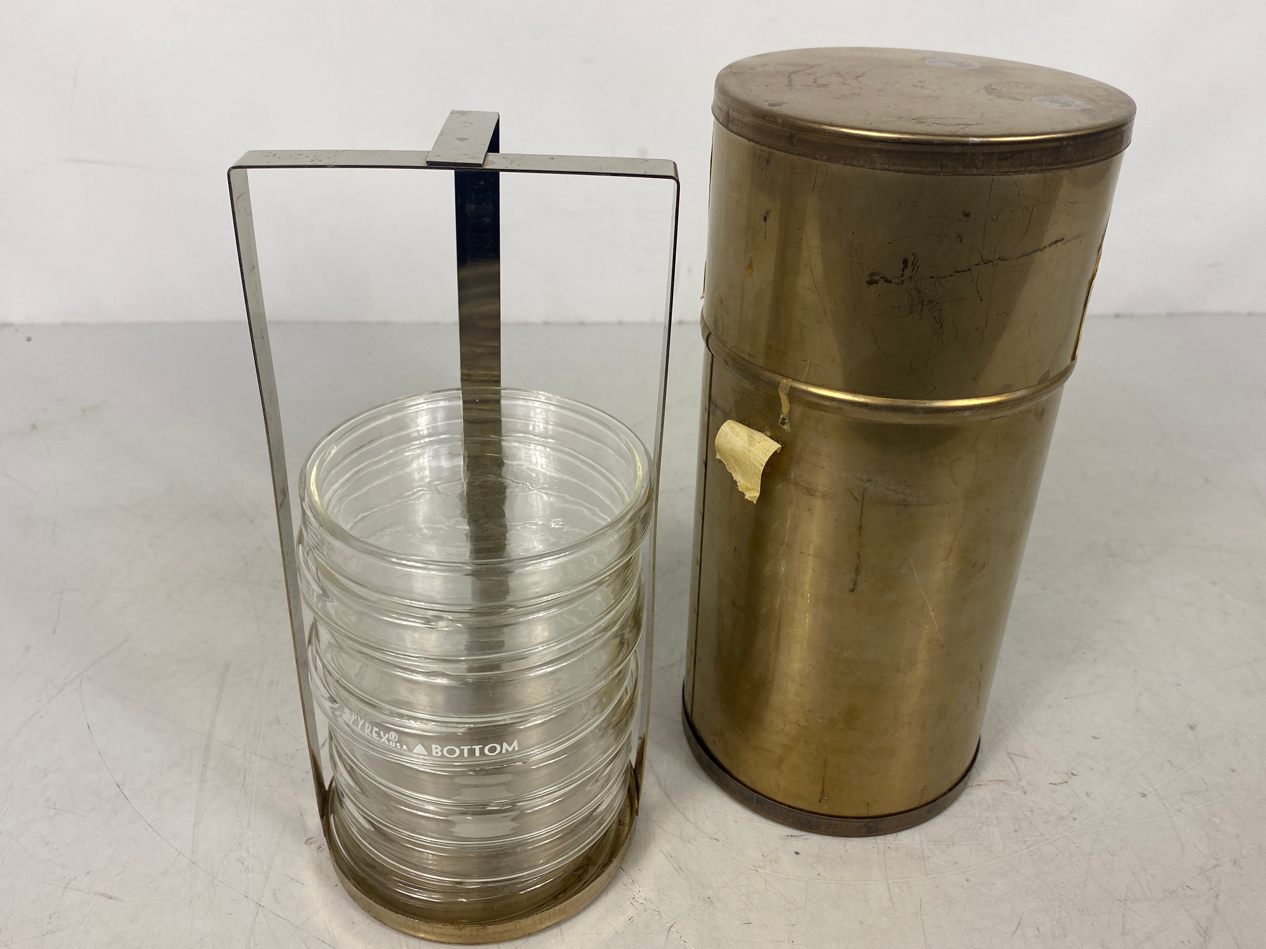 Vintage Brass Sterilization Cannister with 8 Glass Pyrex Petri Dishes