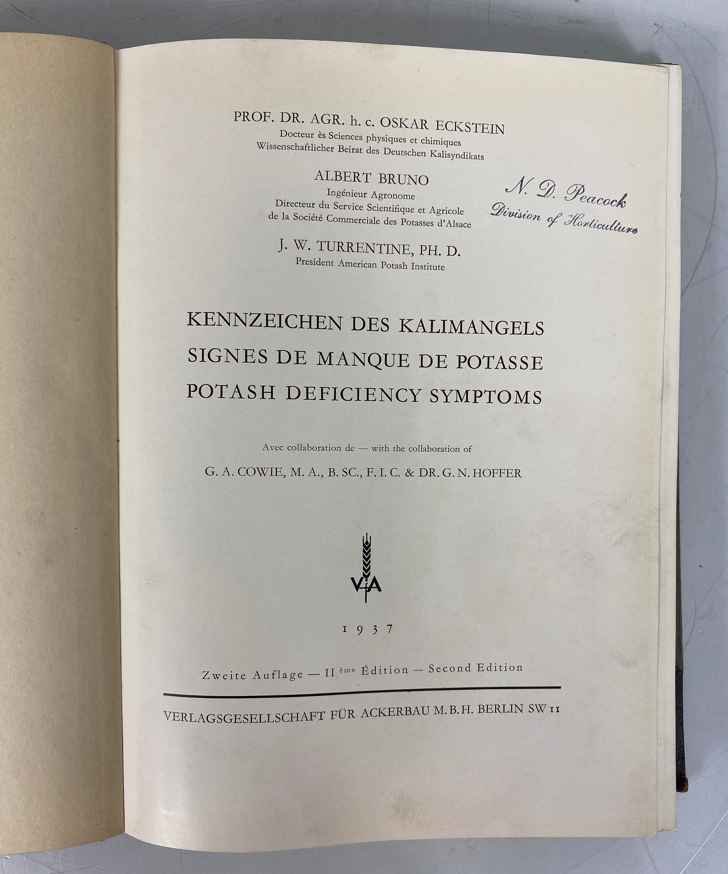 Potash Deficiency Symptoms 1937 English/French/German by Eckstein HC