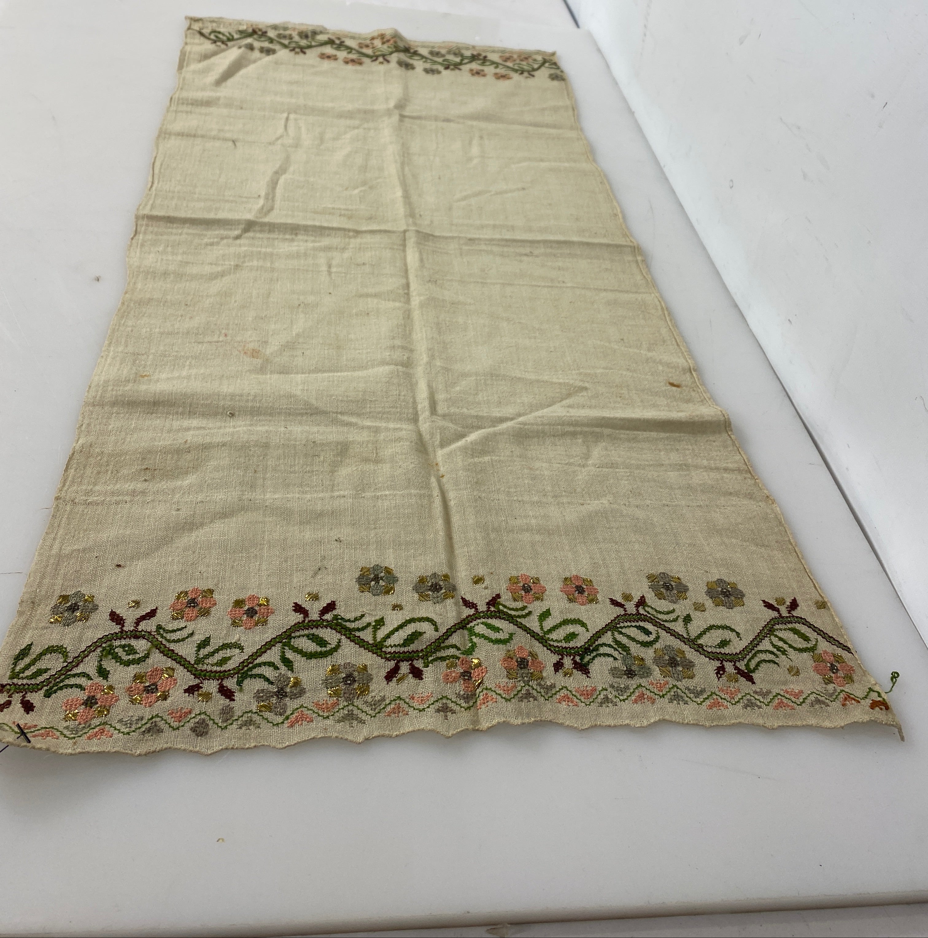 Vintage 1940s Tan Ornamental Fabric with Cross-stitched Floral Design