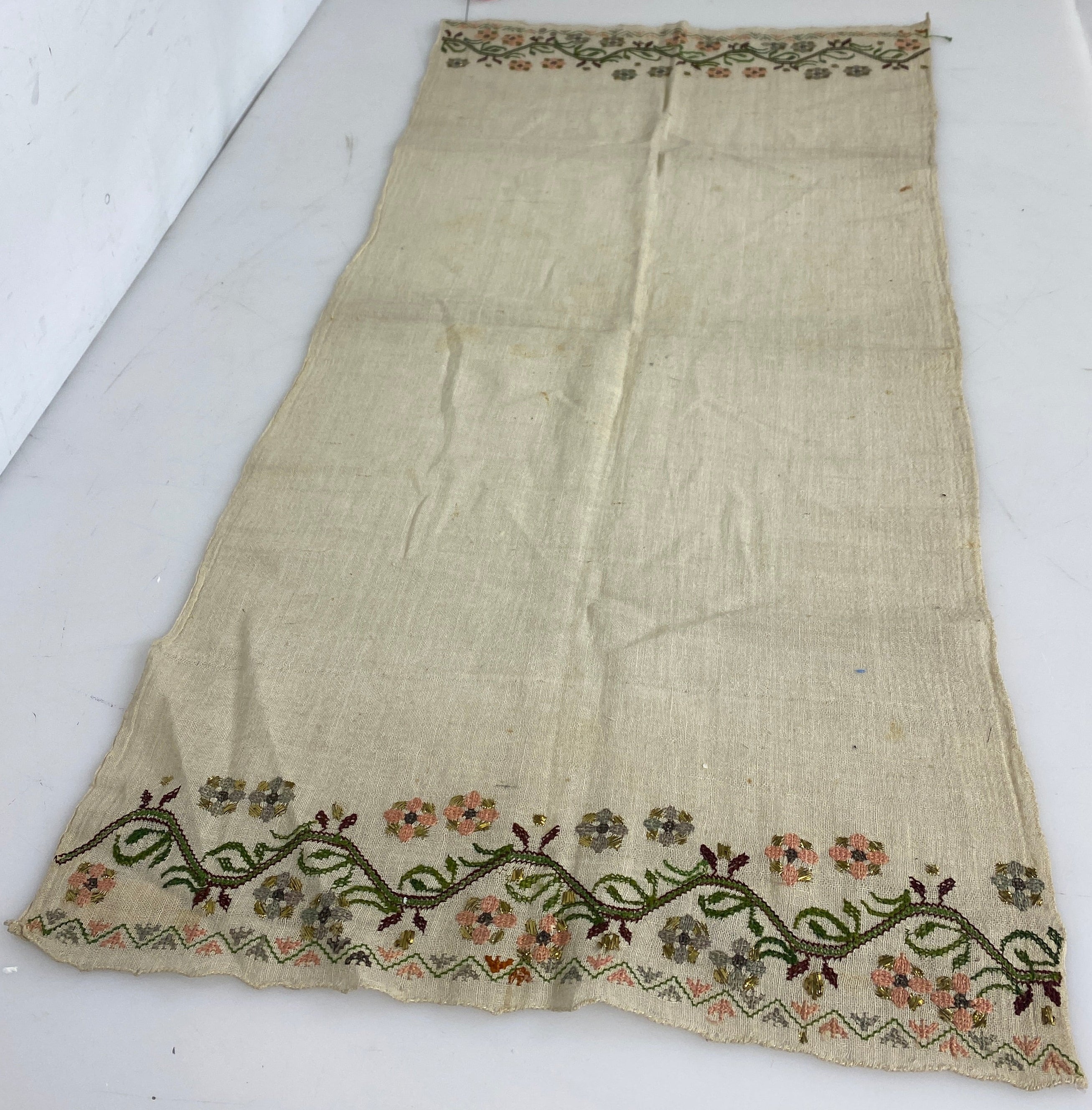 Vintage 1940s Tan Ornamental Fabric with Cross-stitched Floral Design