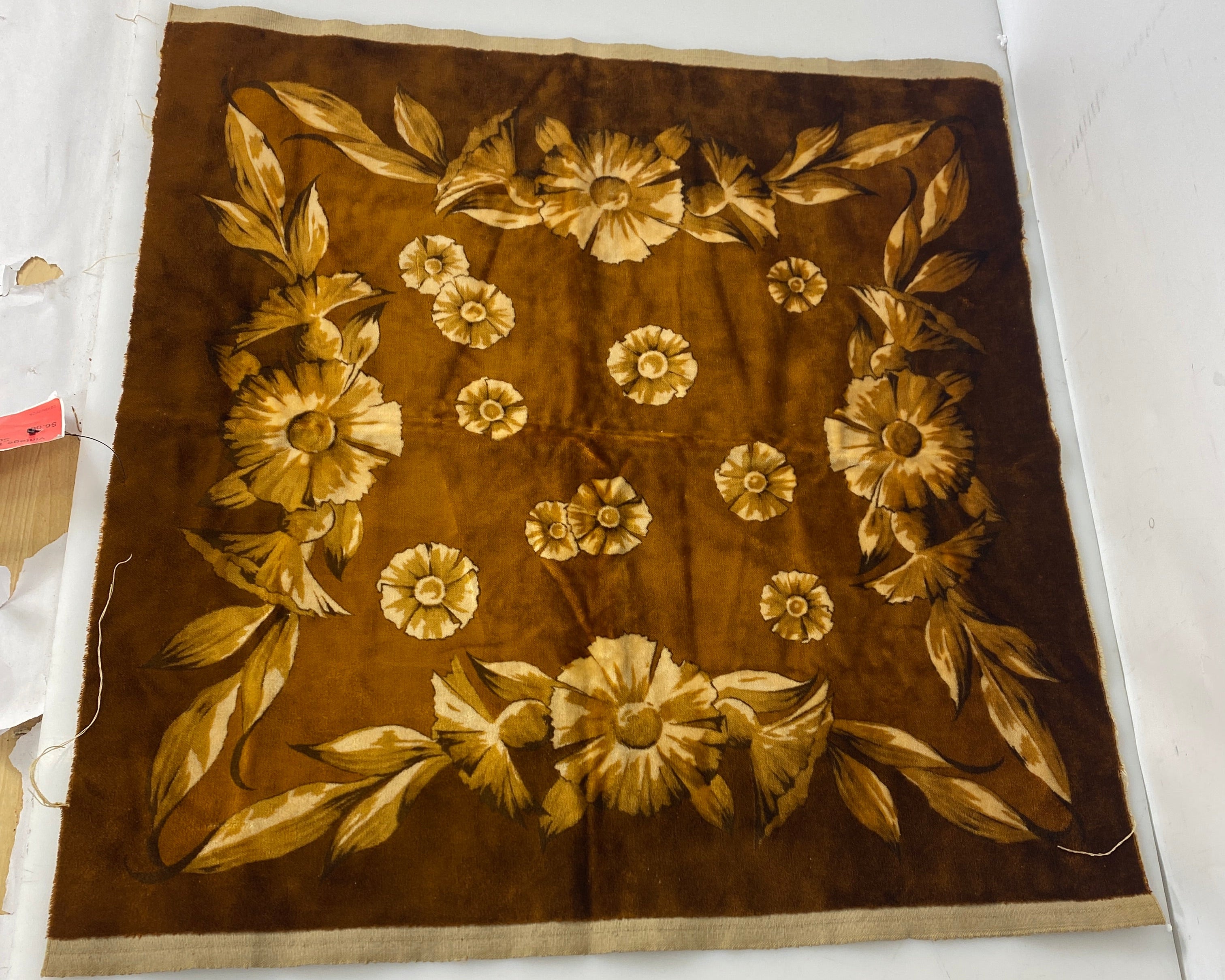 Vintage 1880's Brown Floral Velvet Square Fabric Piece