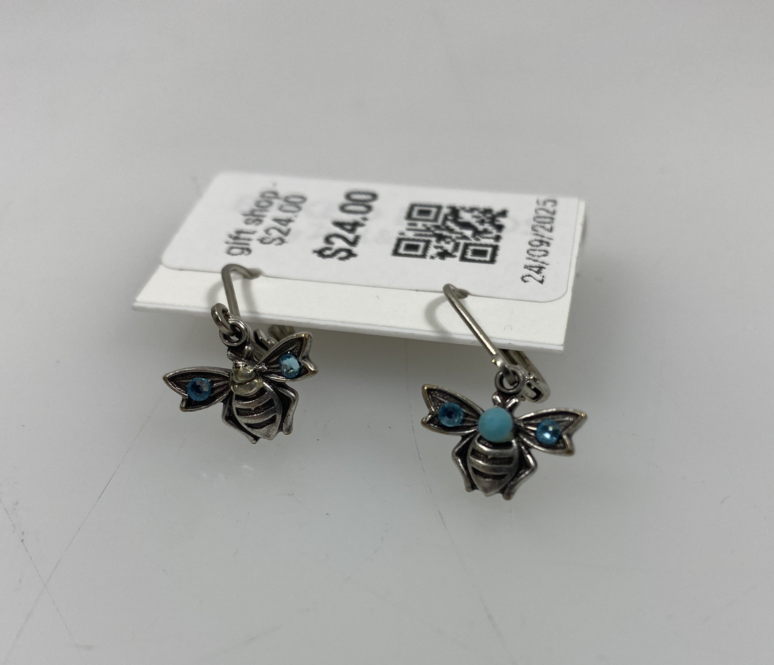 Silver Teal Crystal Bee Earrings