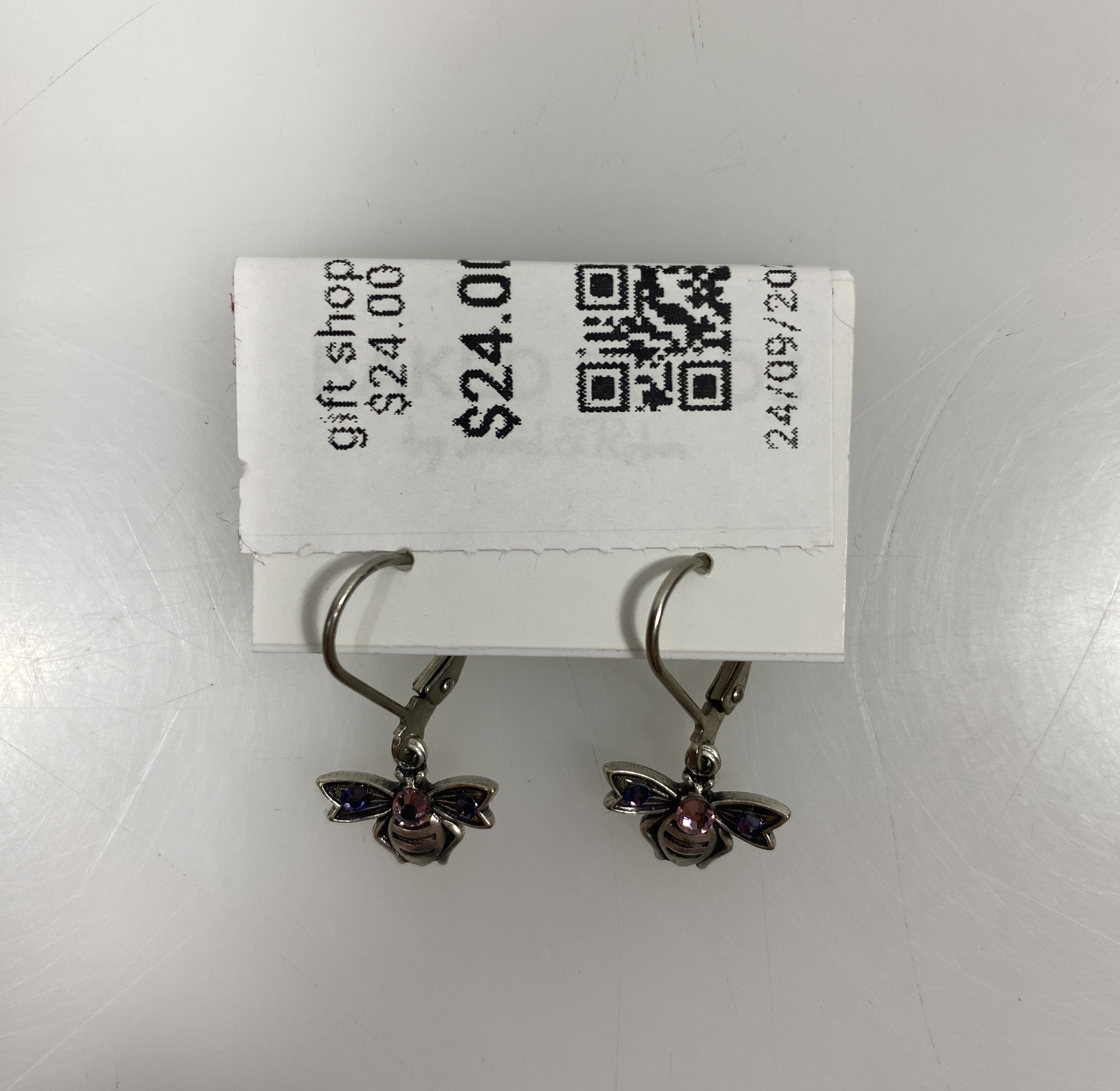 Silver Pink Crystal Bee Earrings