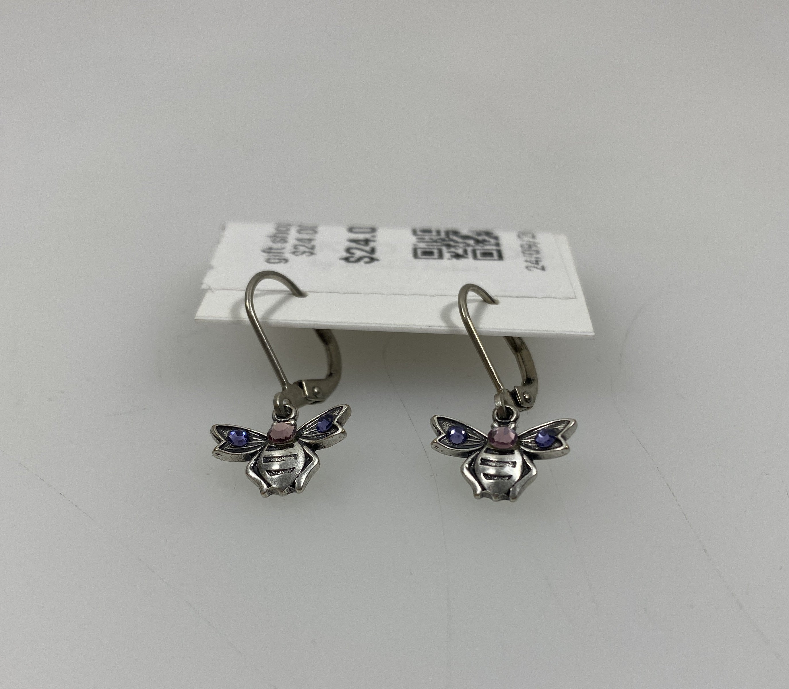 Silver Pink Crystal Bee Earrings