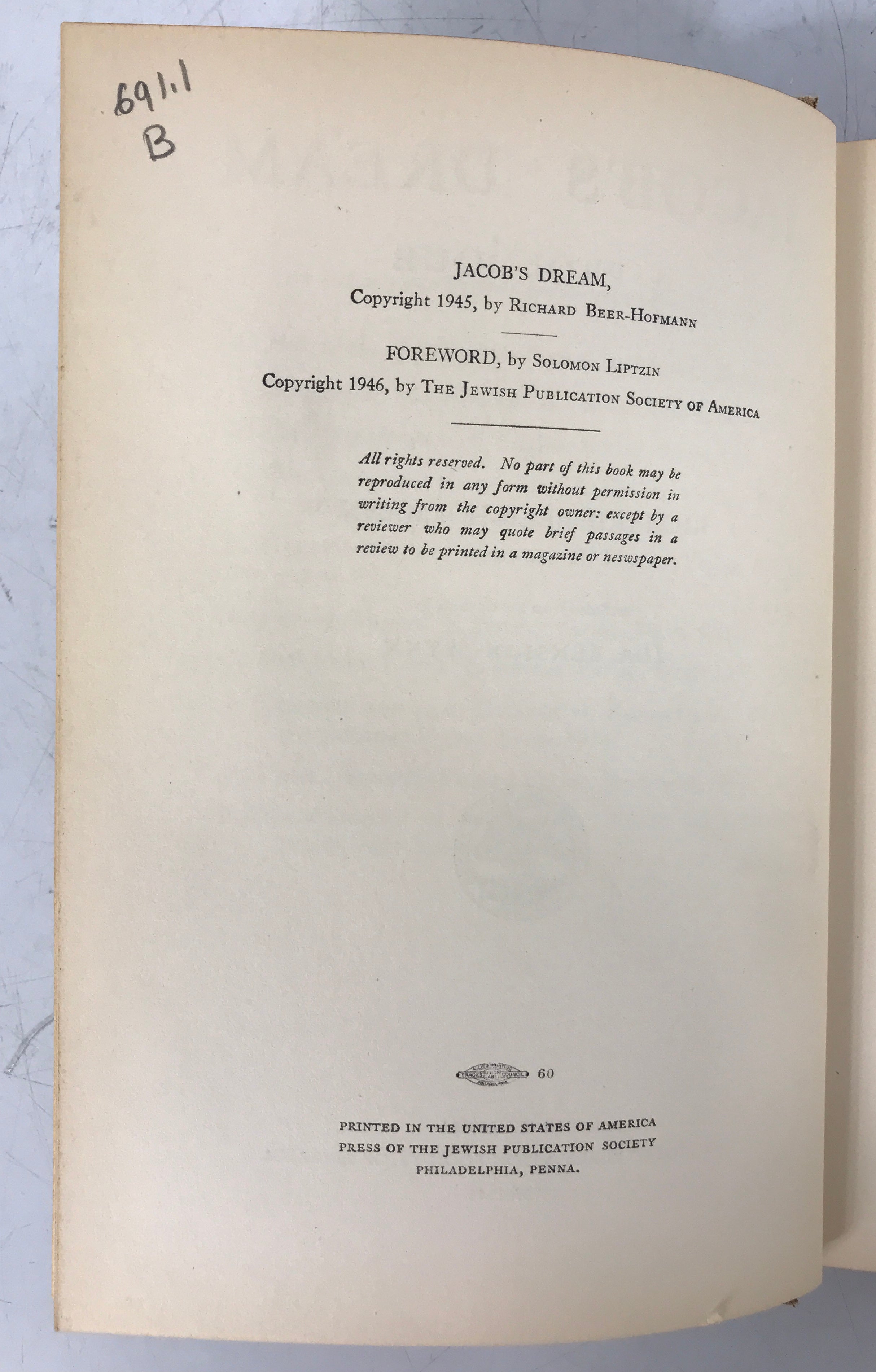 Jacob's Dream A Prologue Richard Beer-Hofmann 1946 HC Ex-Library