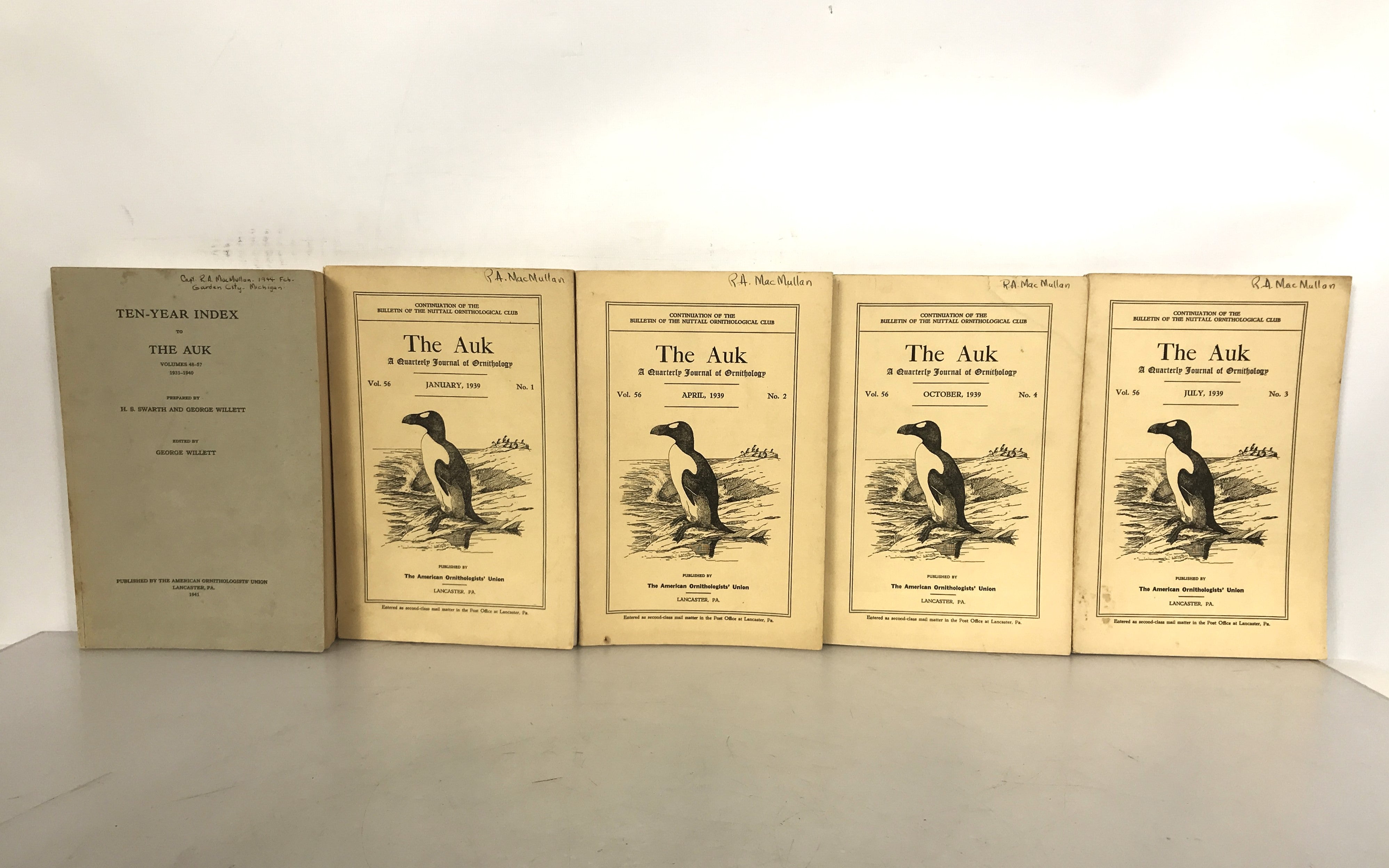 Lot of 5 The Auk Quarterly Journal of Ornithology Complete 1939 and 10 Year Index