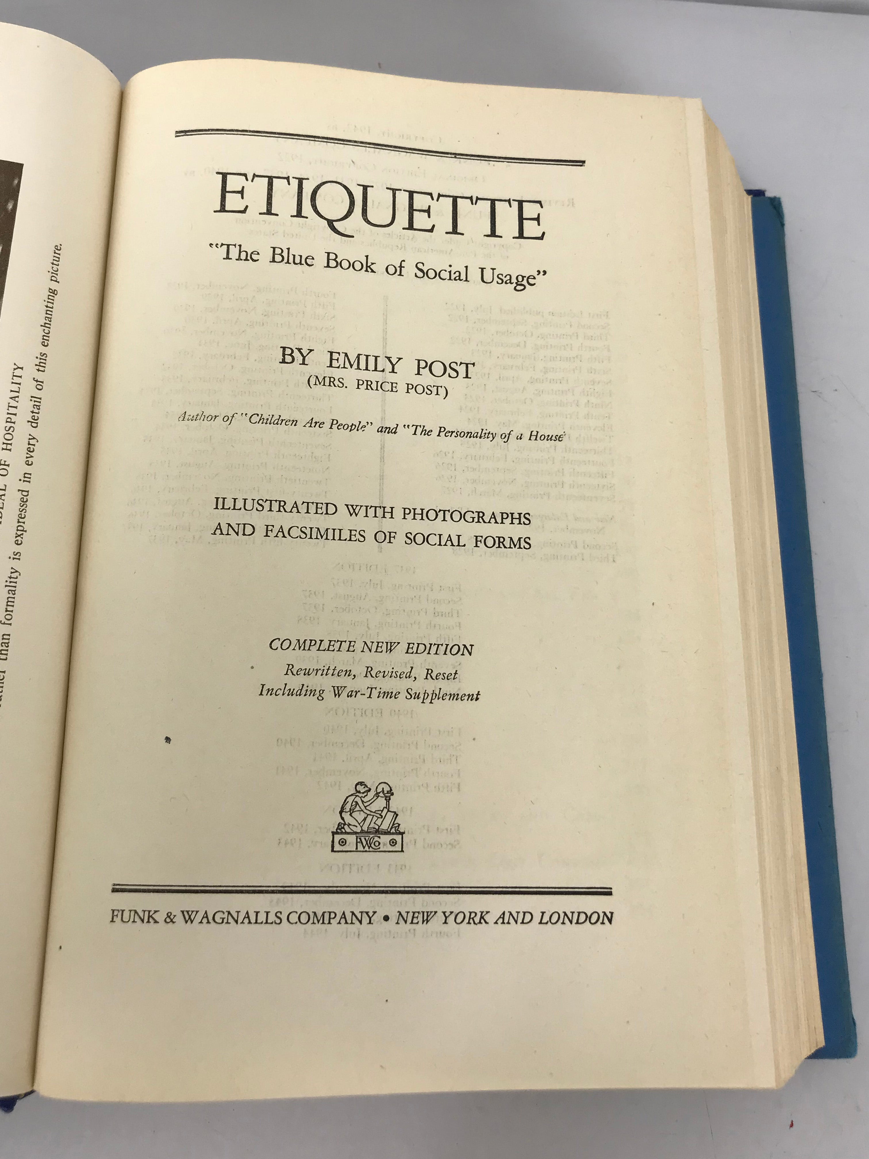 Etiquette The Blue Book of Social Usage by Emily Post 1943 HC DJ