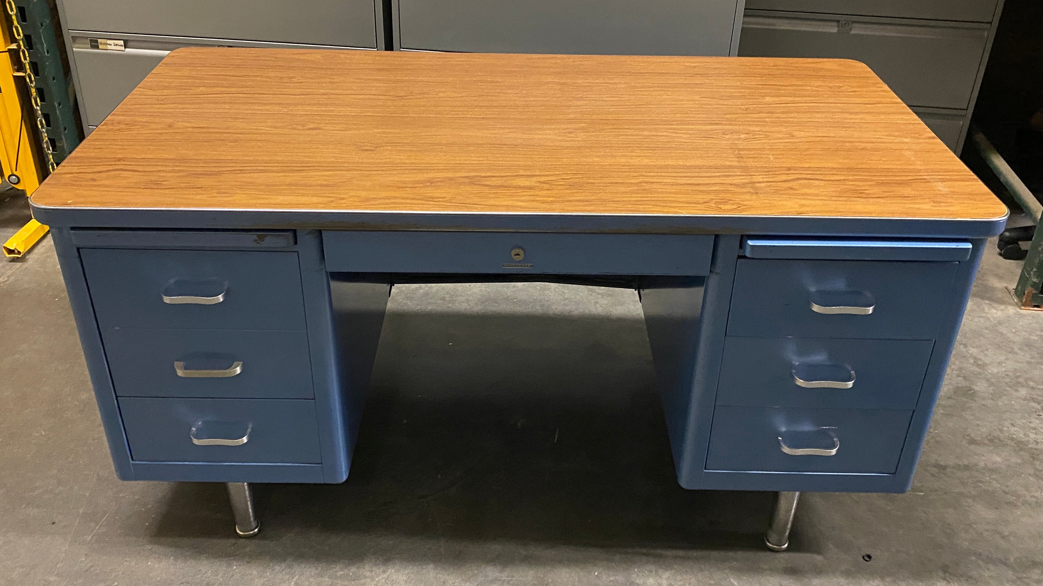 Steelcase Blue 6 Drawer Tanker Desk w/ Wood Laminate Top