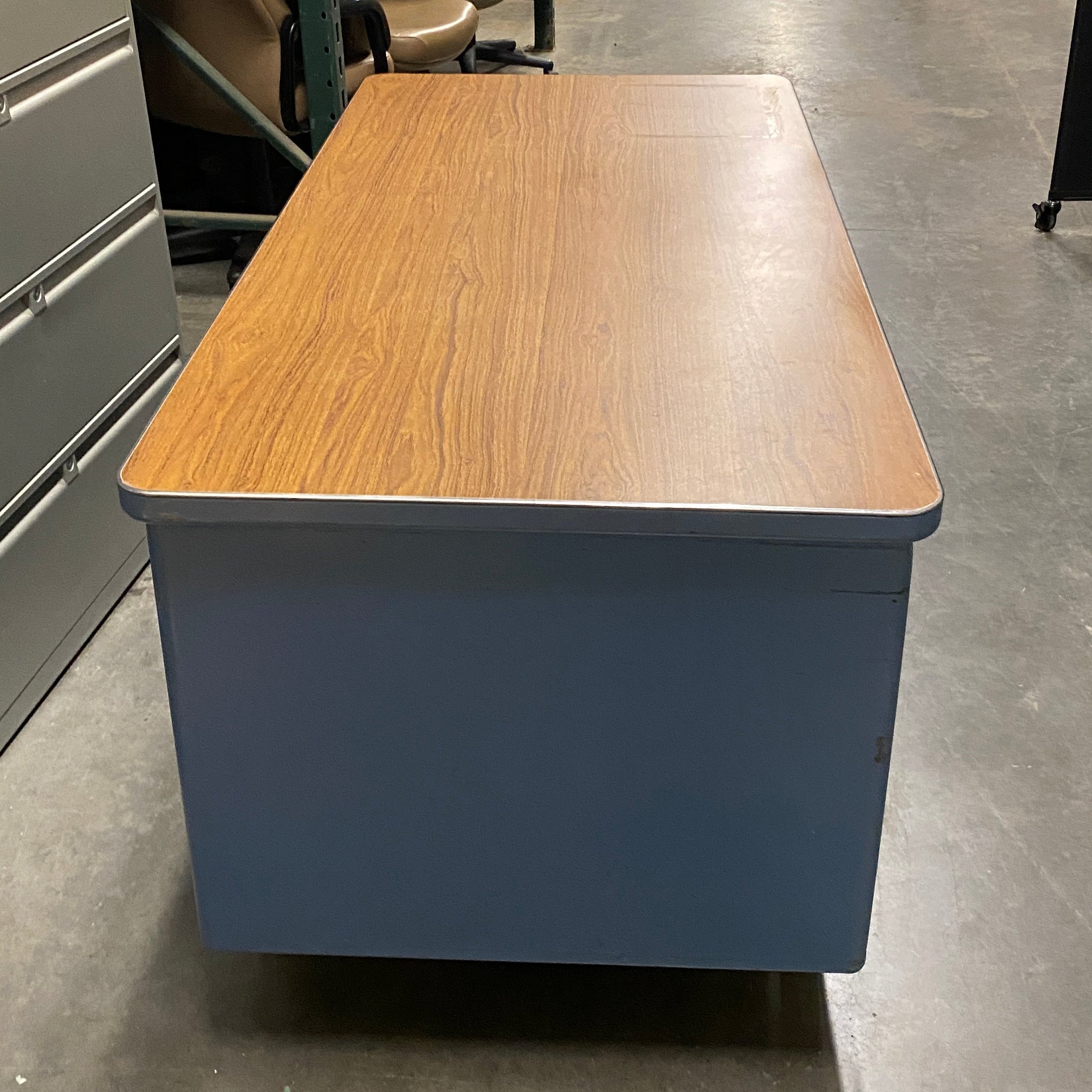Steelcase Blue 6 Drawer Tanker Desk w/ Wood Laminate Top