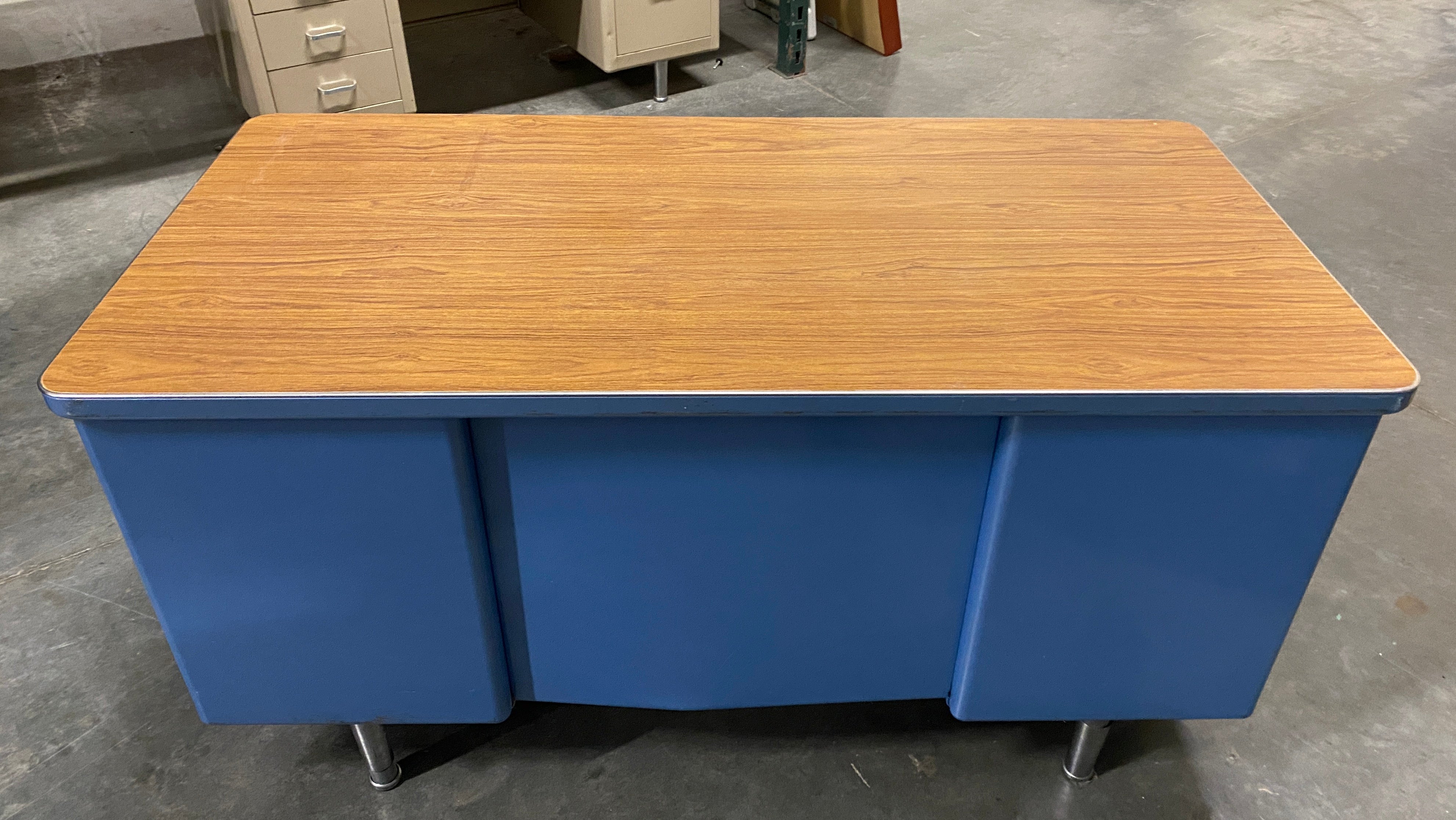 Steelcase Blue 6 Drawer Tanker Desk w/ Wood Laminate Top