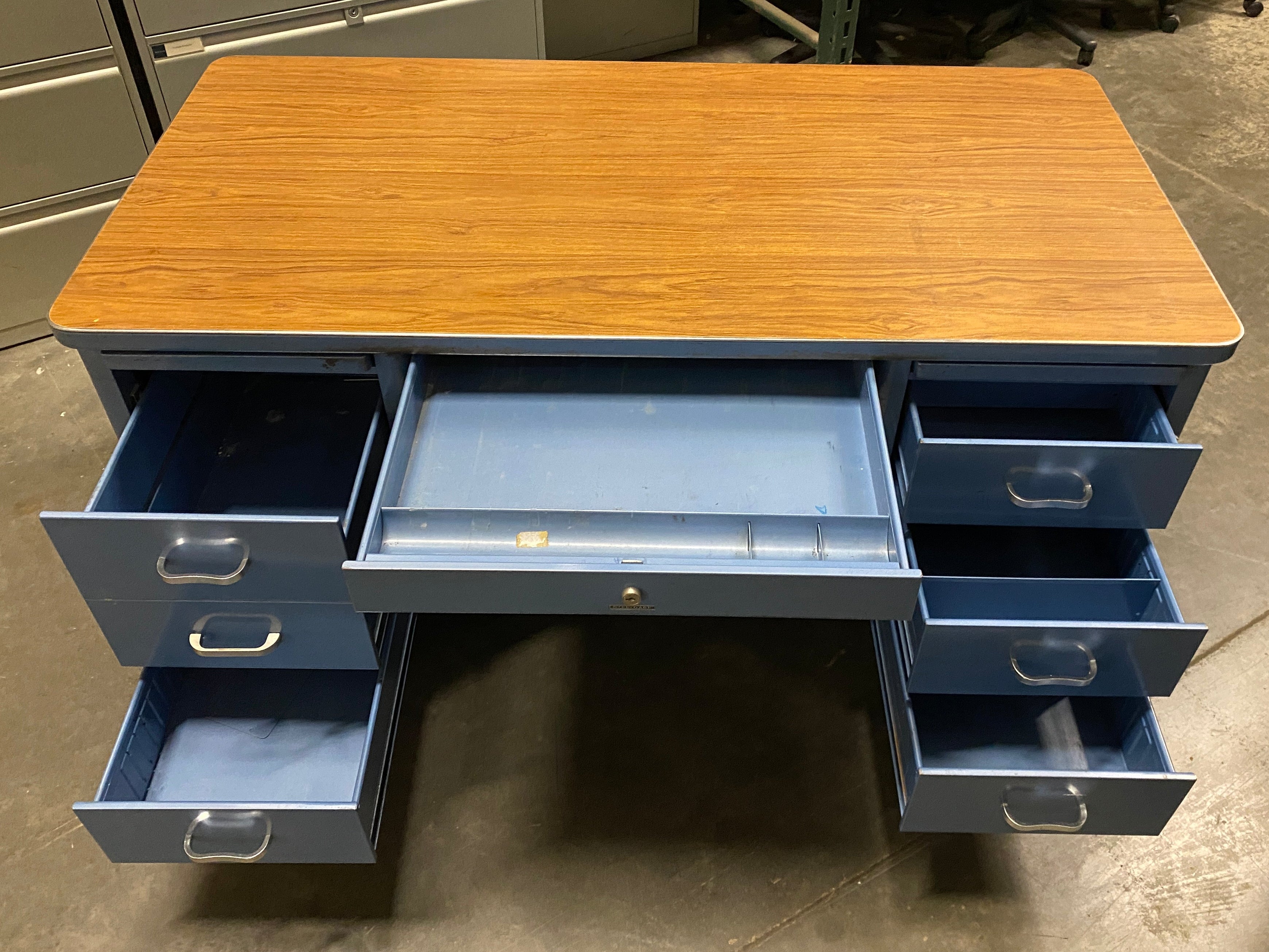 Steelcase Blue 6 Drawer Tanker Desk w/ Wood Laminate Top