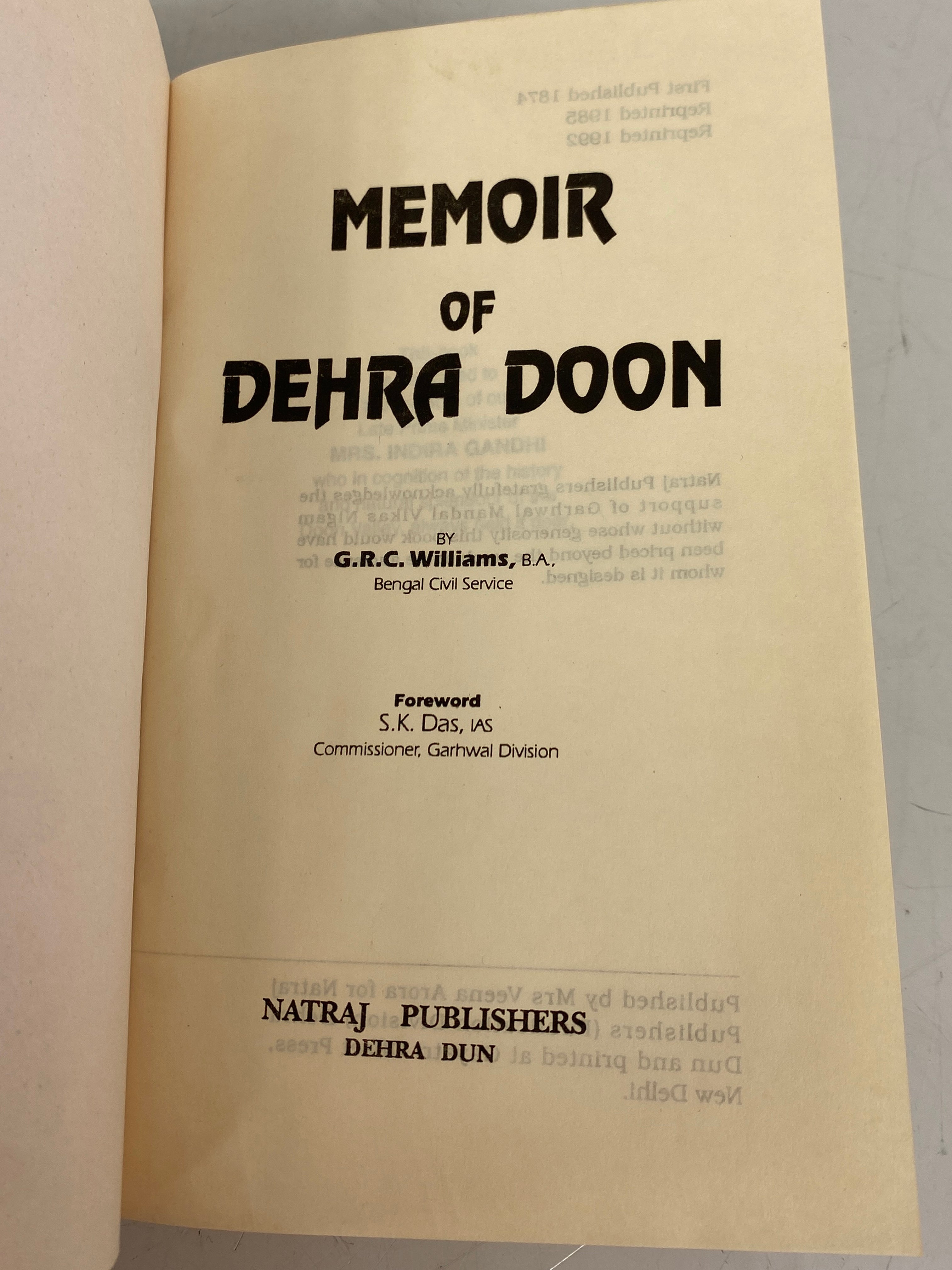 Memoir of Dehra Doon by Williams 1992 Reprint HC DJ