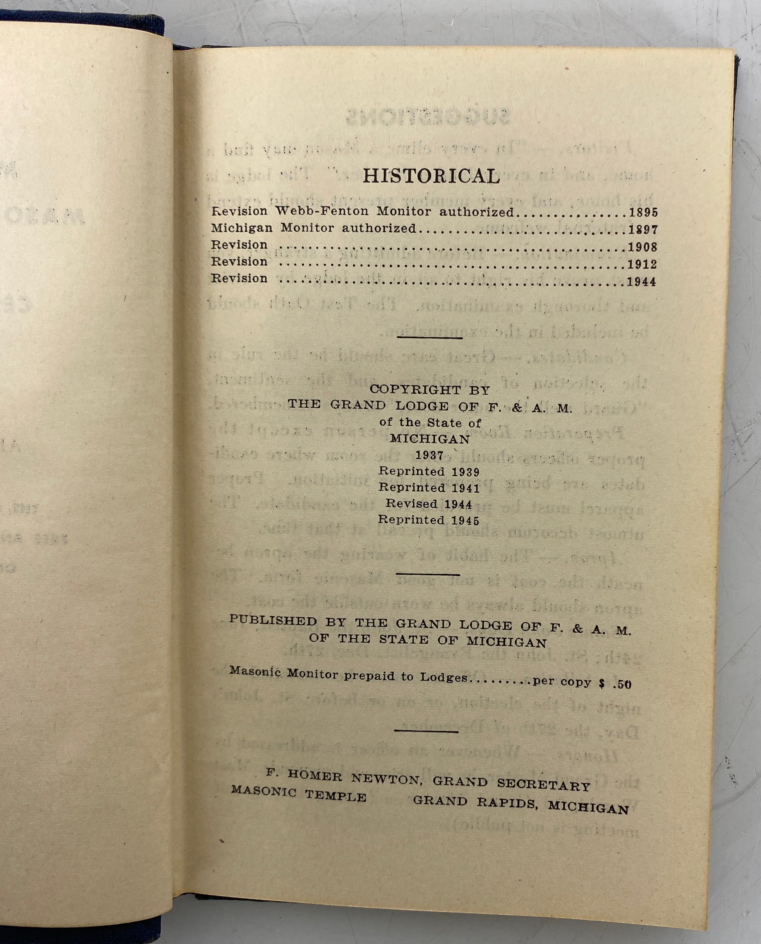 Michigan Masonic Monitor and Ceremonies 1945 Reprint Vintage HC