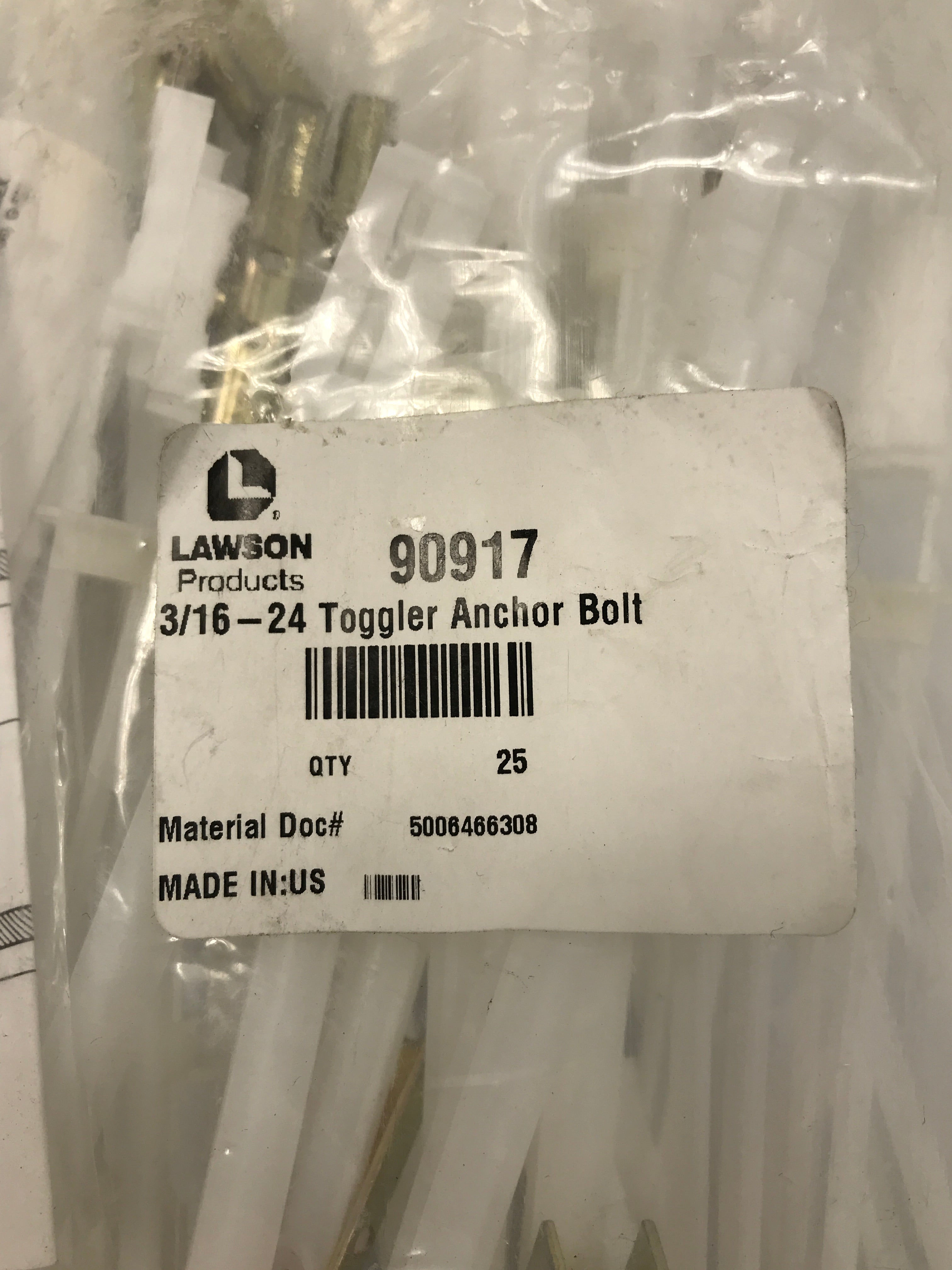 Lot of 25 Lawson 3/16-24 Toggler Anchor Bolt 90917 New in Package
